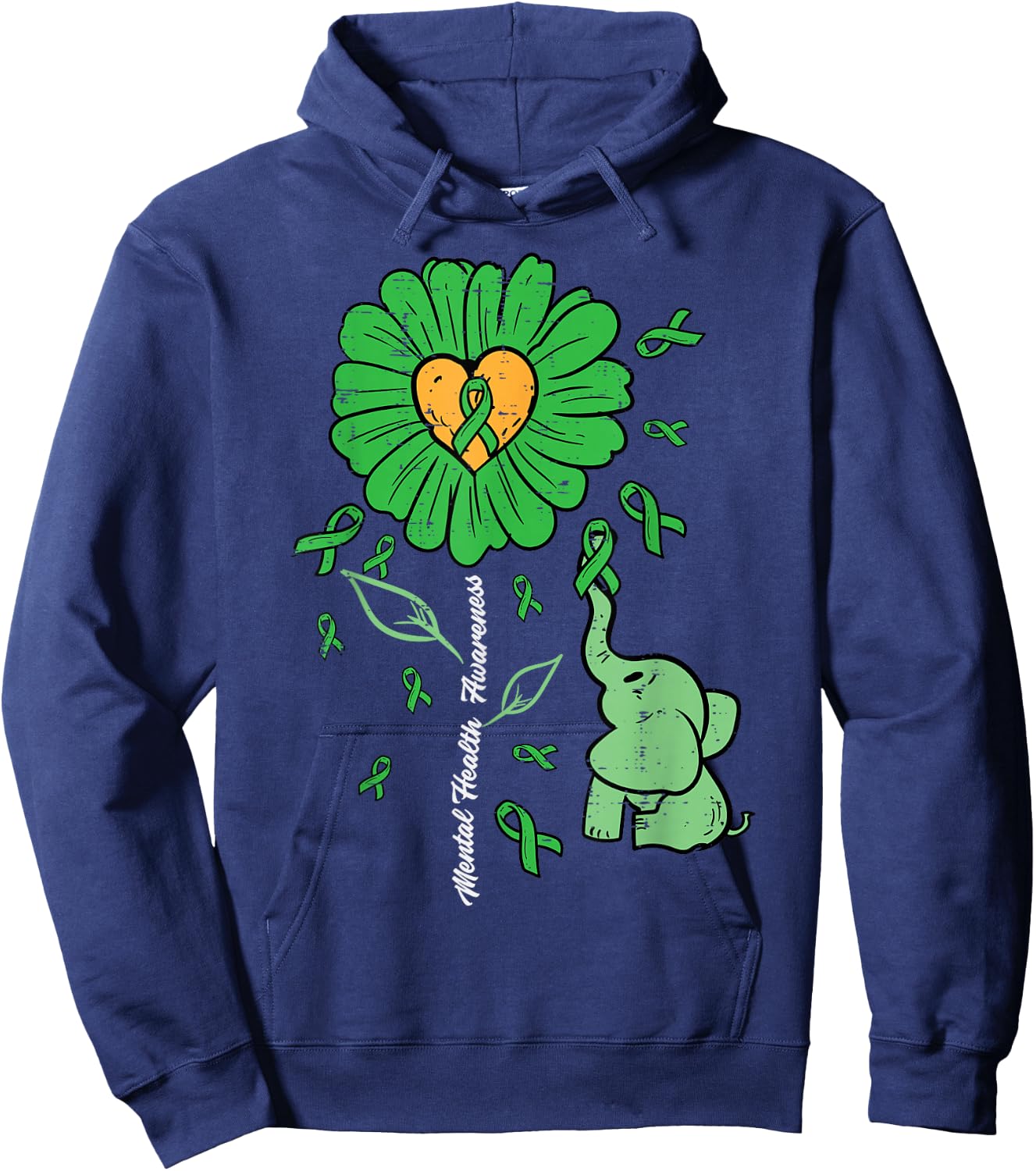 Mental Health Elephant Flower Ribbon Awareness Women Kids Hoodie - Hoodie | Navy