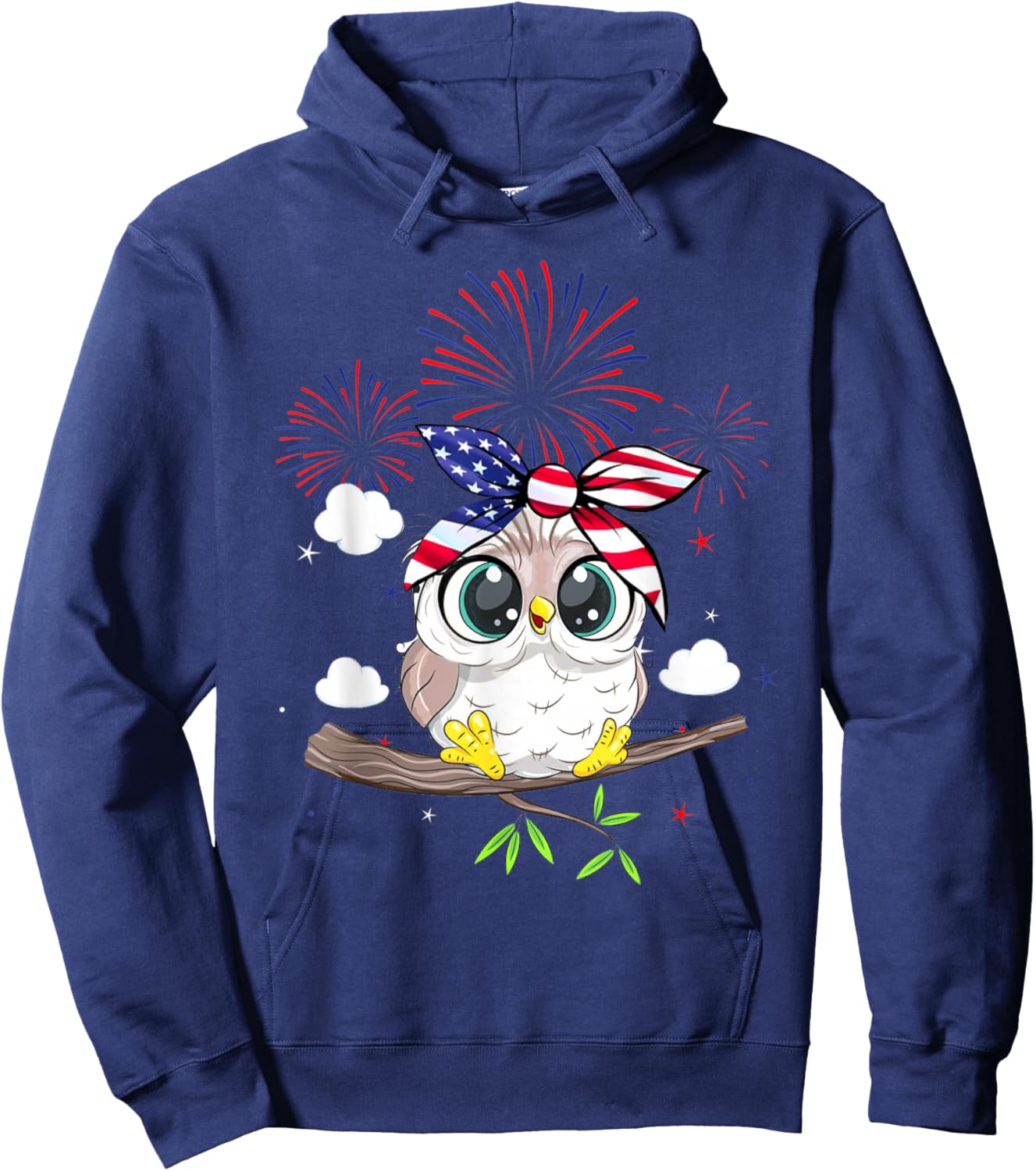 Snowy Owl Graphic Red White Blue Fireworks Decor 4th Of July Kids Men Hoodie - Hoodie | Navy