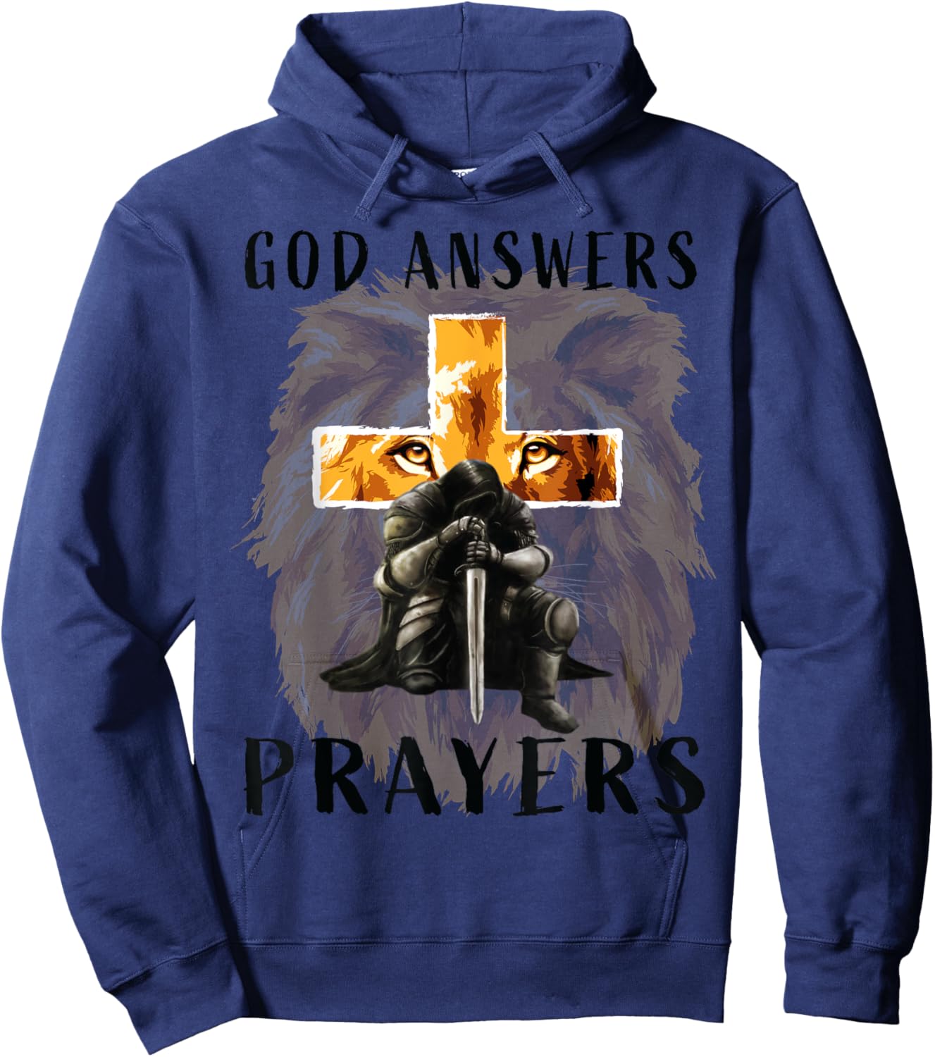 God Answers Prayers Warrior Men Christian Cross Lion Graphic Hoodie - Hoodie | Navy