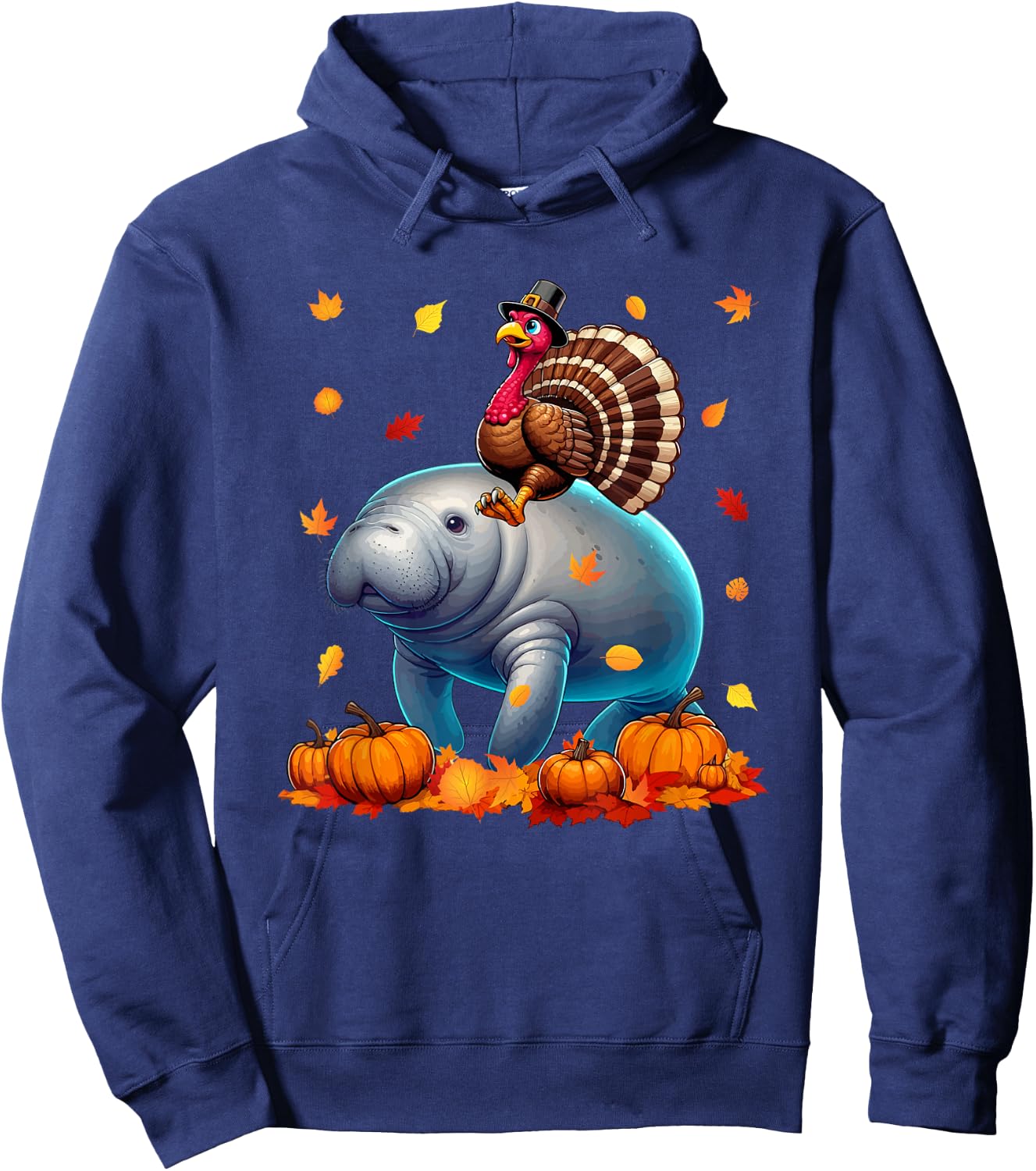 Turkey Riding Manatee Thanksgiving Fall Leaves Pumpkins Hoodie - Hoodie | Navy