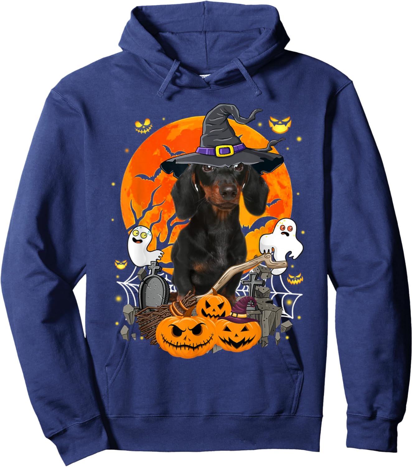 Witchy Dachshund Dog Moon Ghosts Pumpkins Halloween Costume Men Women Kids Hoodie - Hoodie | Navy