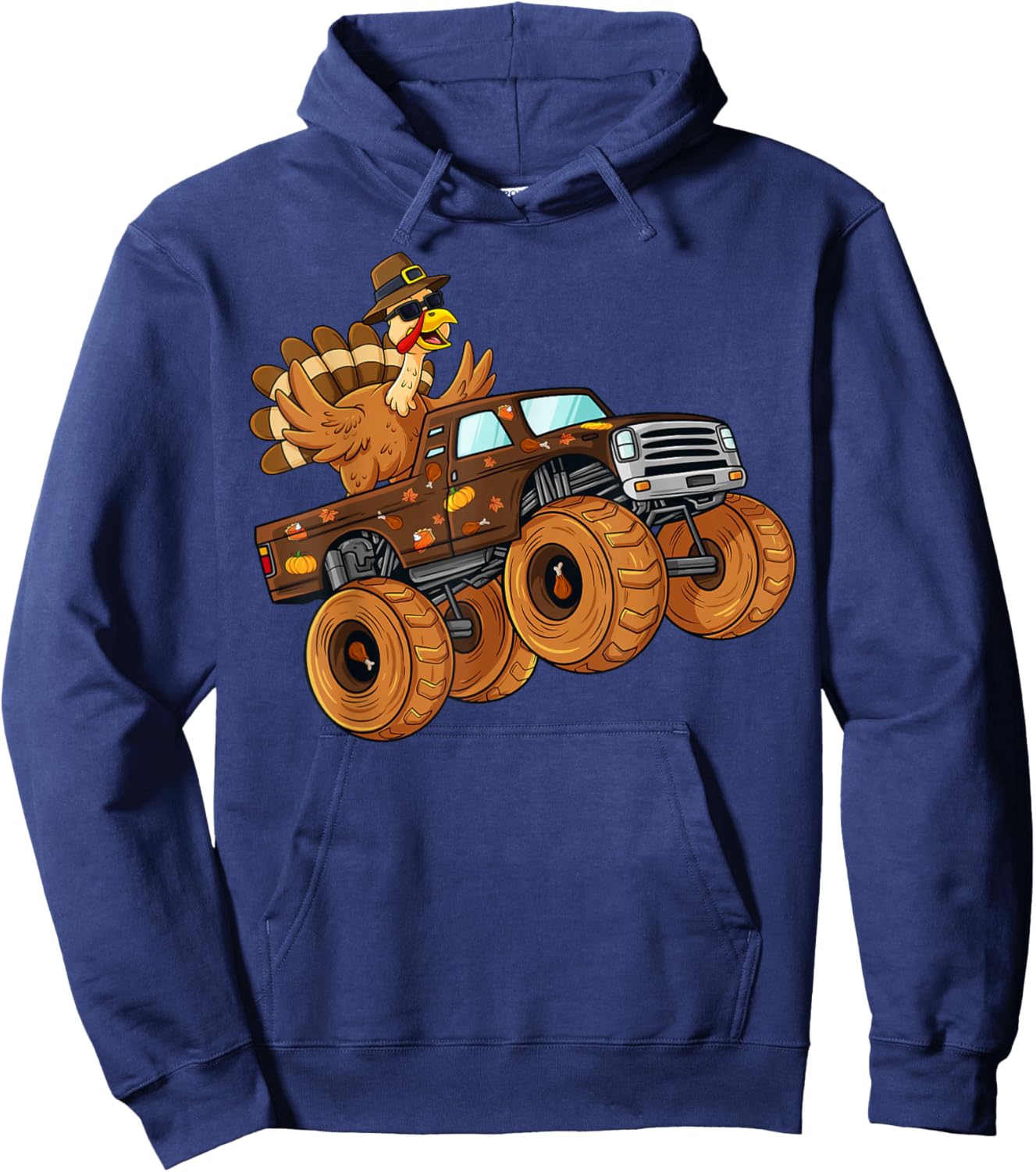 Thanksgiving Turkey Riding Monster Truck Boys Kids Hoodie - Hoodie | Navy