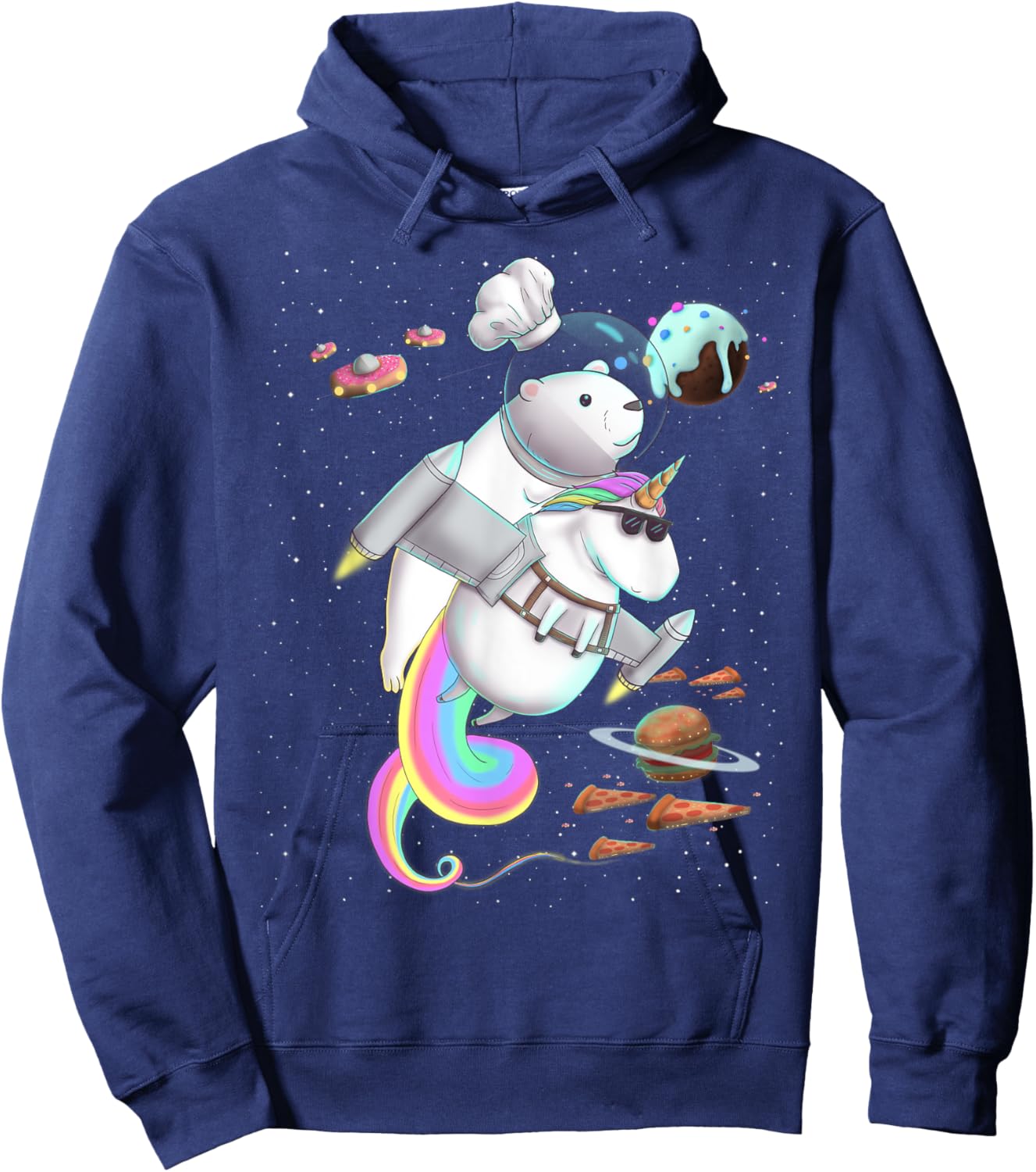 Polar Bear Riding Unicorn Food Pizza Space Party Planet Hoodie - Hoodie | Navy