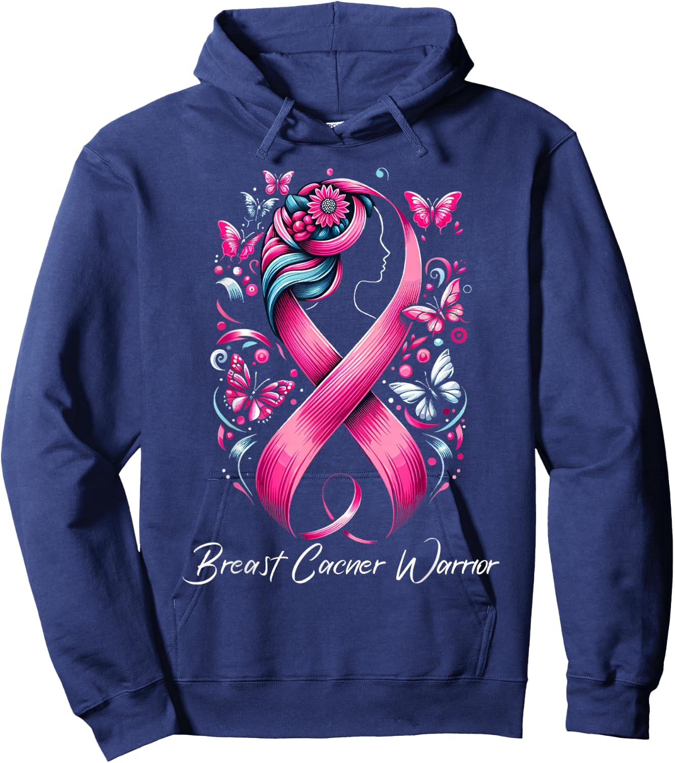 Faith Hope Love Ribbon Breast Cancer Awareness Warrior Pink Hoodie - Hoodie | Navy