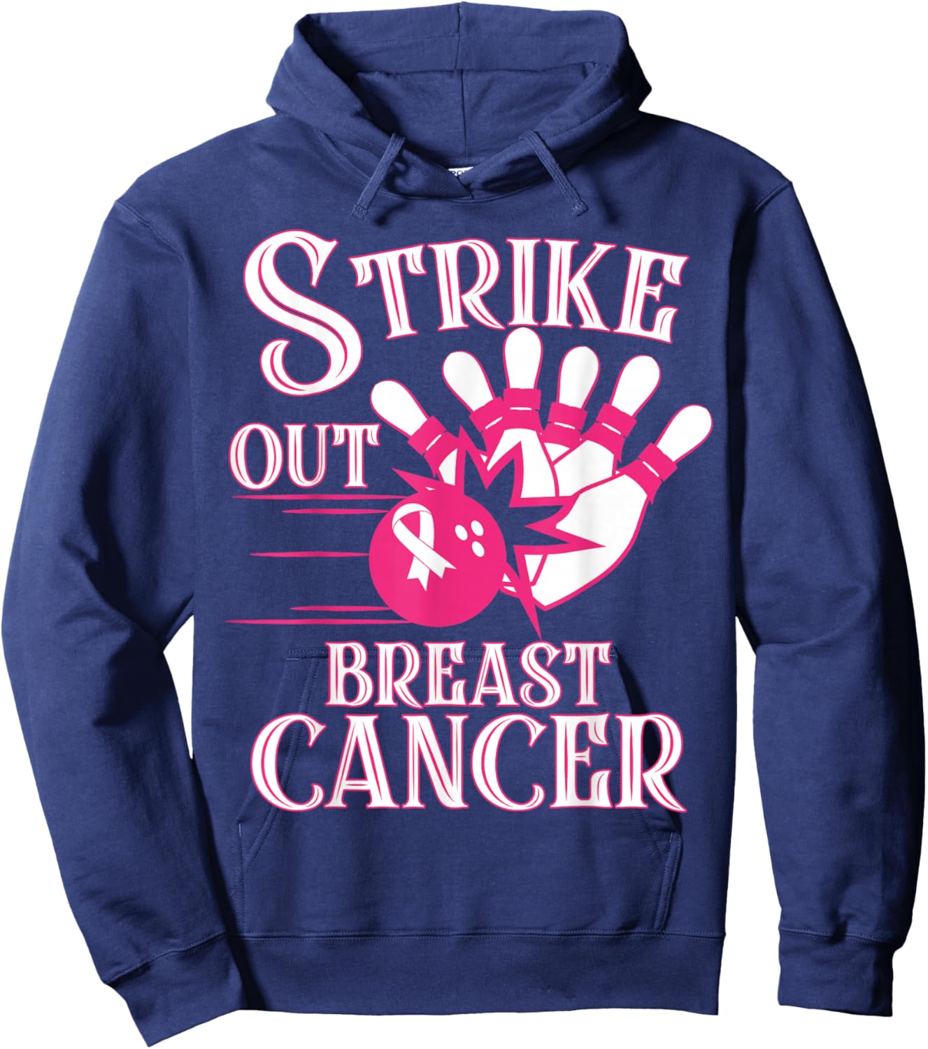 Breast Cancer Awareness - Bowling Strike Out Pink Ribbon Hoodie - Hoodie | Navy
