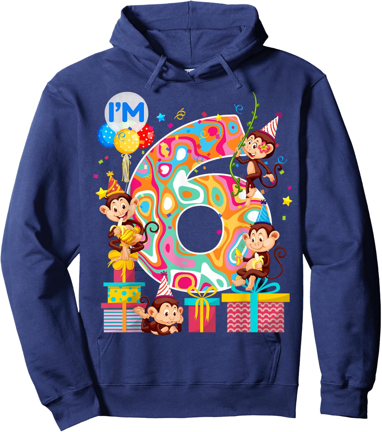 6th B-Day Monkey Birthday Zoo Animal 6 Year Old Funny Hoodie - Hoodie | Navy