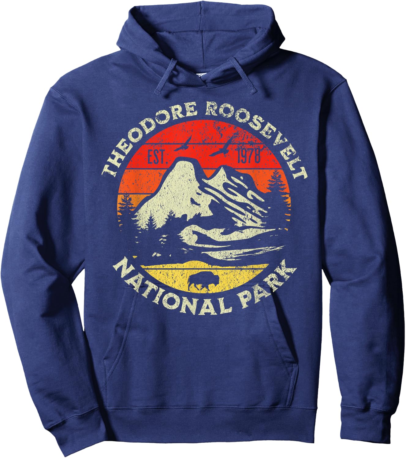 Theodore Roosevelt National Park - Blue, -Adults, Kids - , Short Sleeve - Retro Nature Design - Hiking, Camping, Outdoor - All Seasons Hoodie - Hoodie | Navy