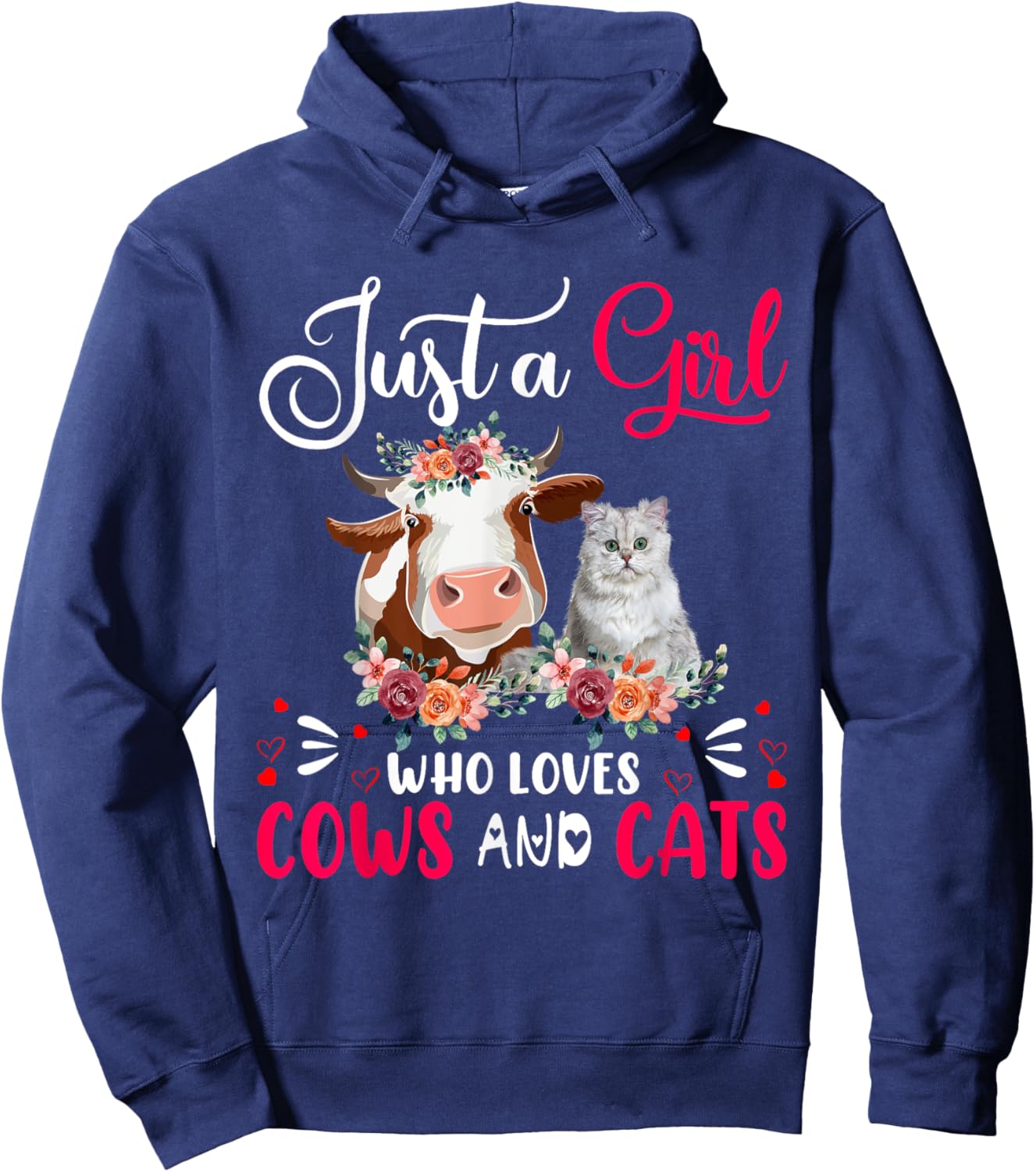 Just a Girl Who Loves Cows and Cats Farmer Farm Floral Hoodie - Hoodie | Navy