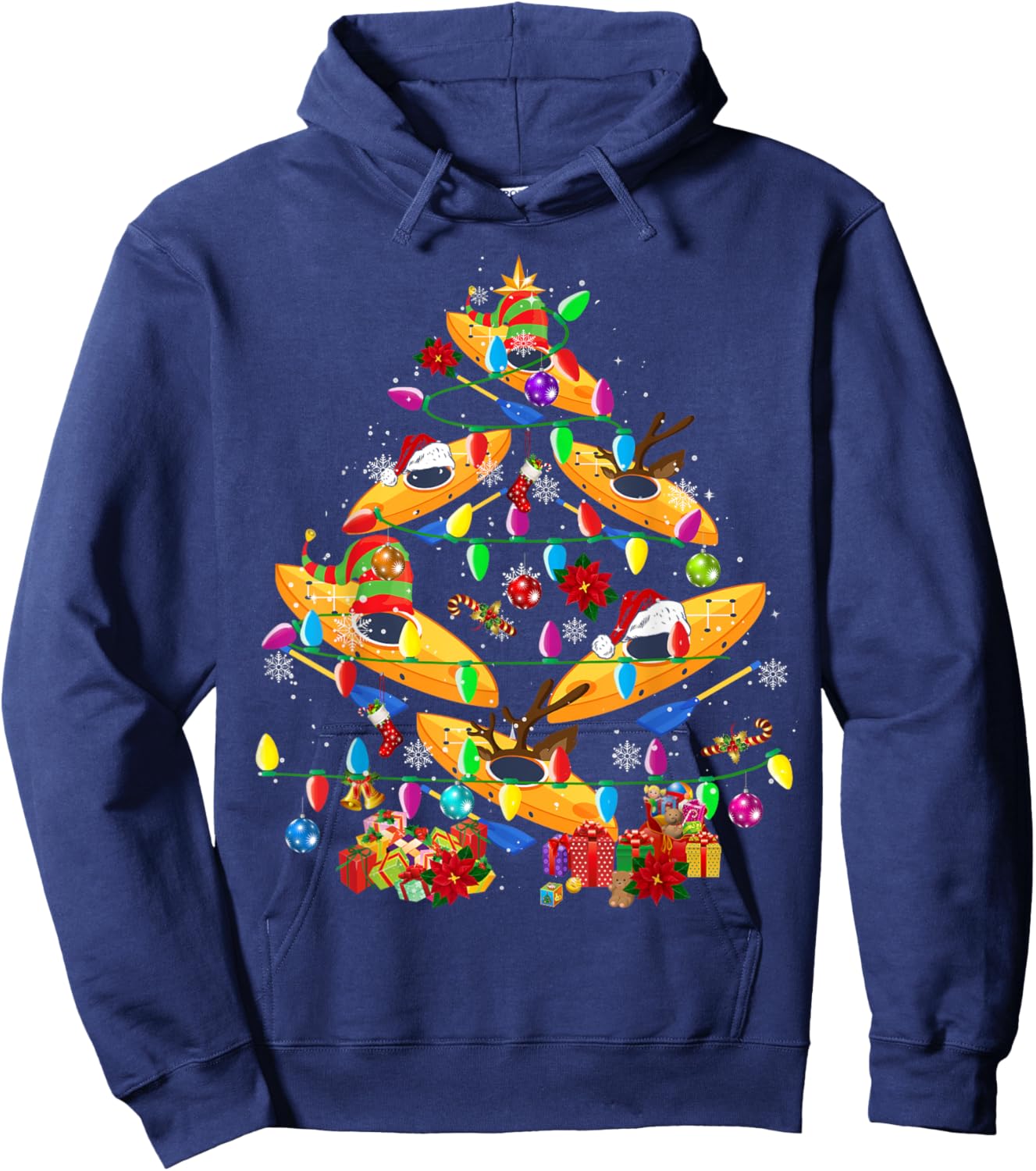 Kayak Boat Christmas Tree Funny Light Santa Kayak Boat Hoodie - Hoodie | Navy