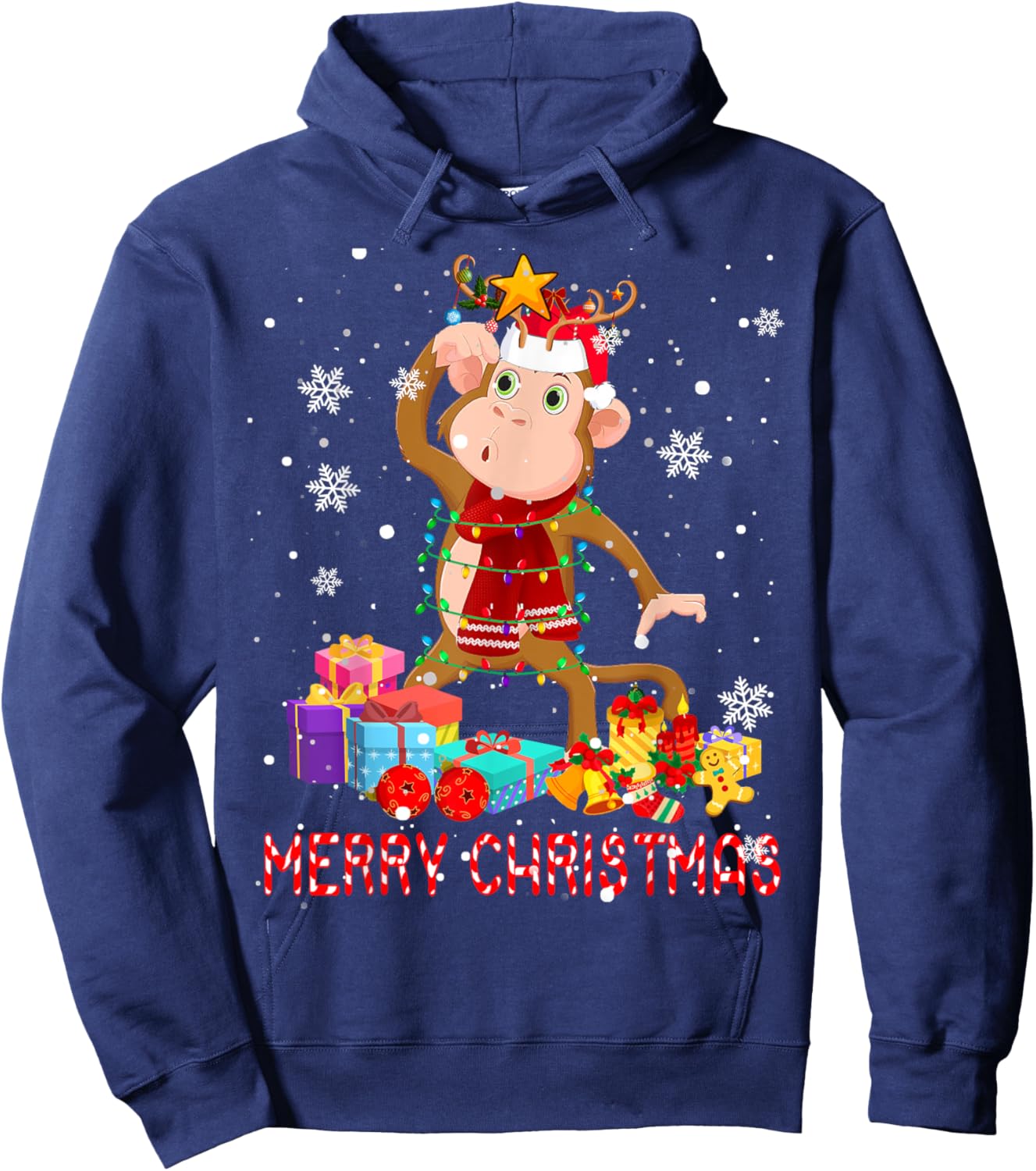 Merry Christmas Cute Christmas Lights Santa Reindeer Monkey Hoodie - Hoodie | Navy
