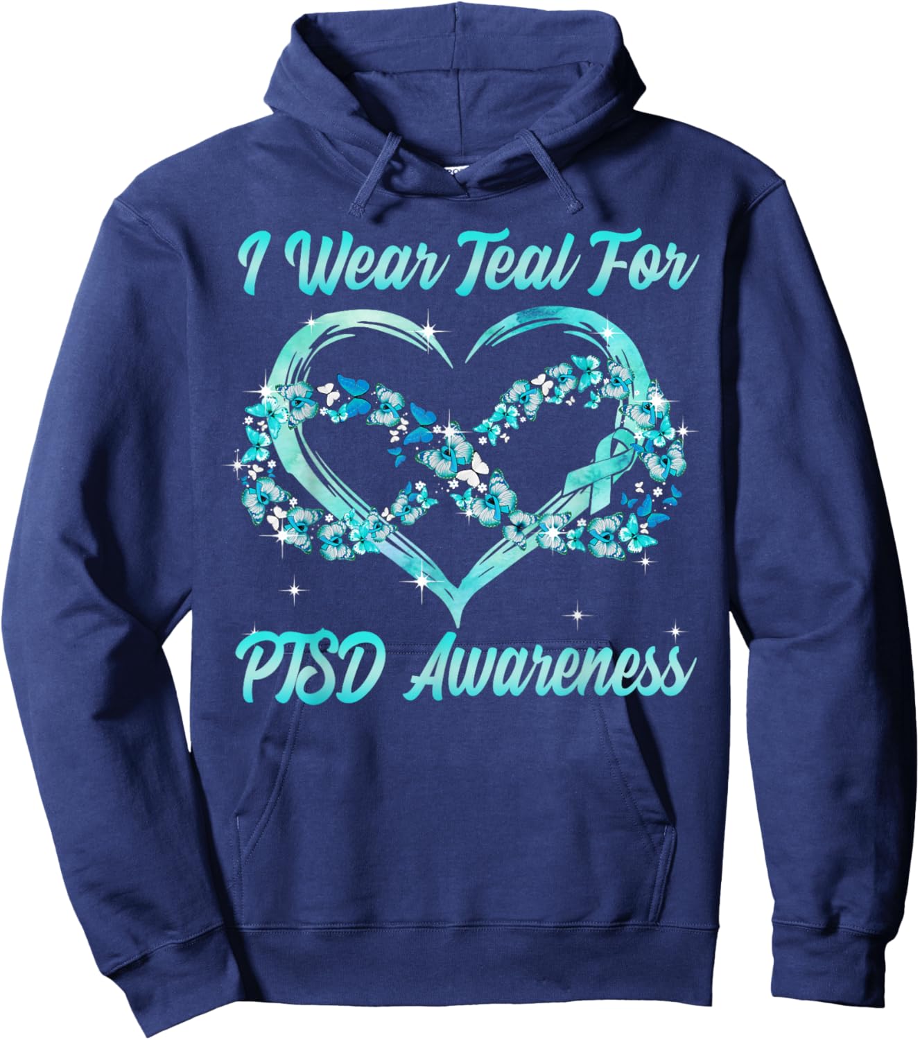 I Wear Teal for PTSD Awareness Heart Butterfly Hoodie - Hoodie | Navy