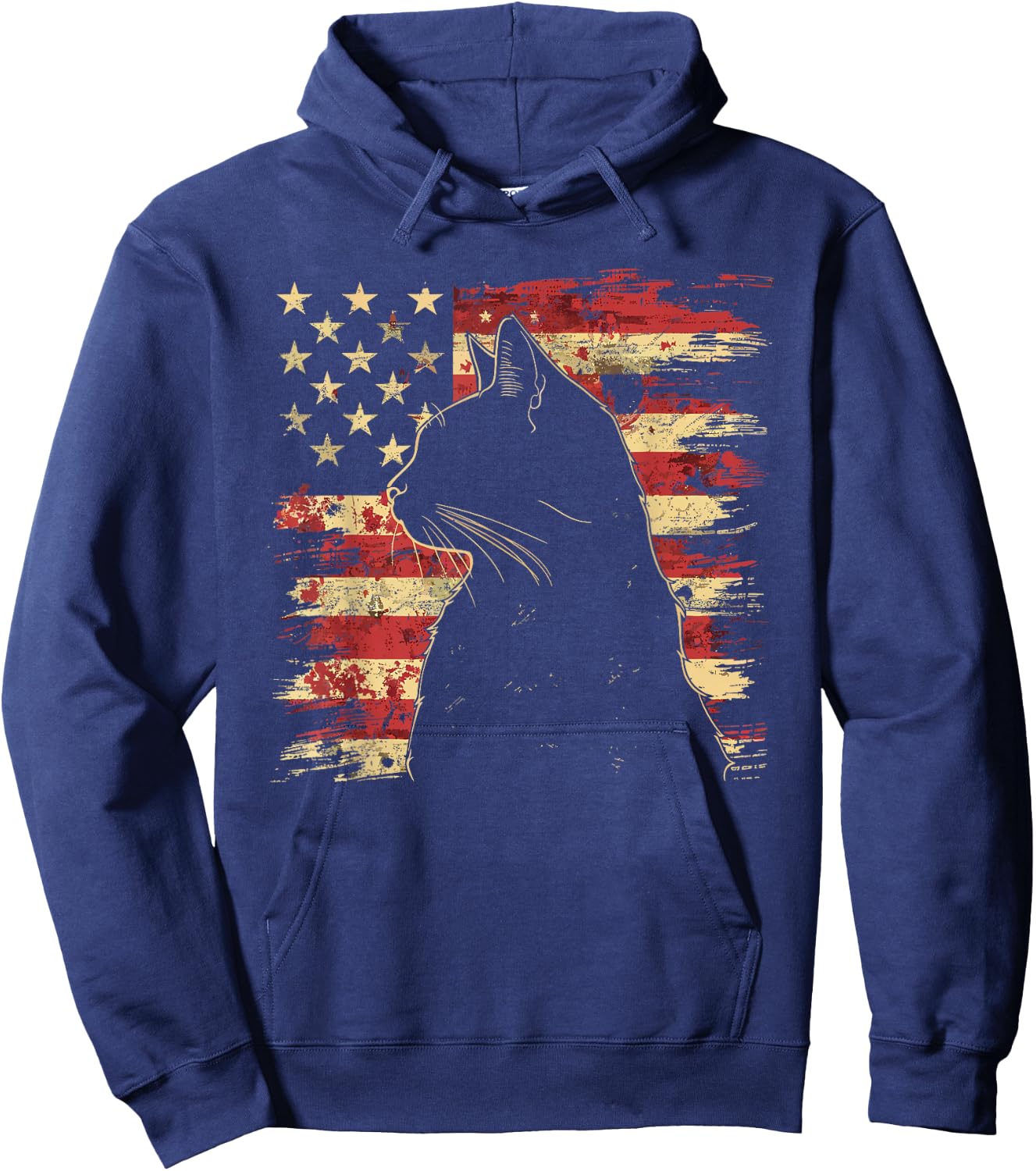 4th of July DESIGNS -Adult Vintage Patriotic Cat Silhouette Graphic , Black, Small, Short Sleeve Hoodie - Hoodie | Navy