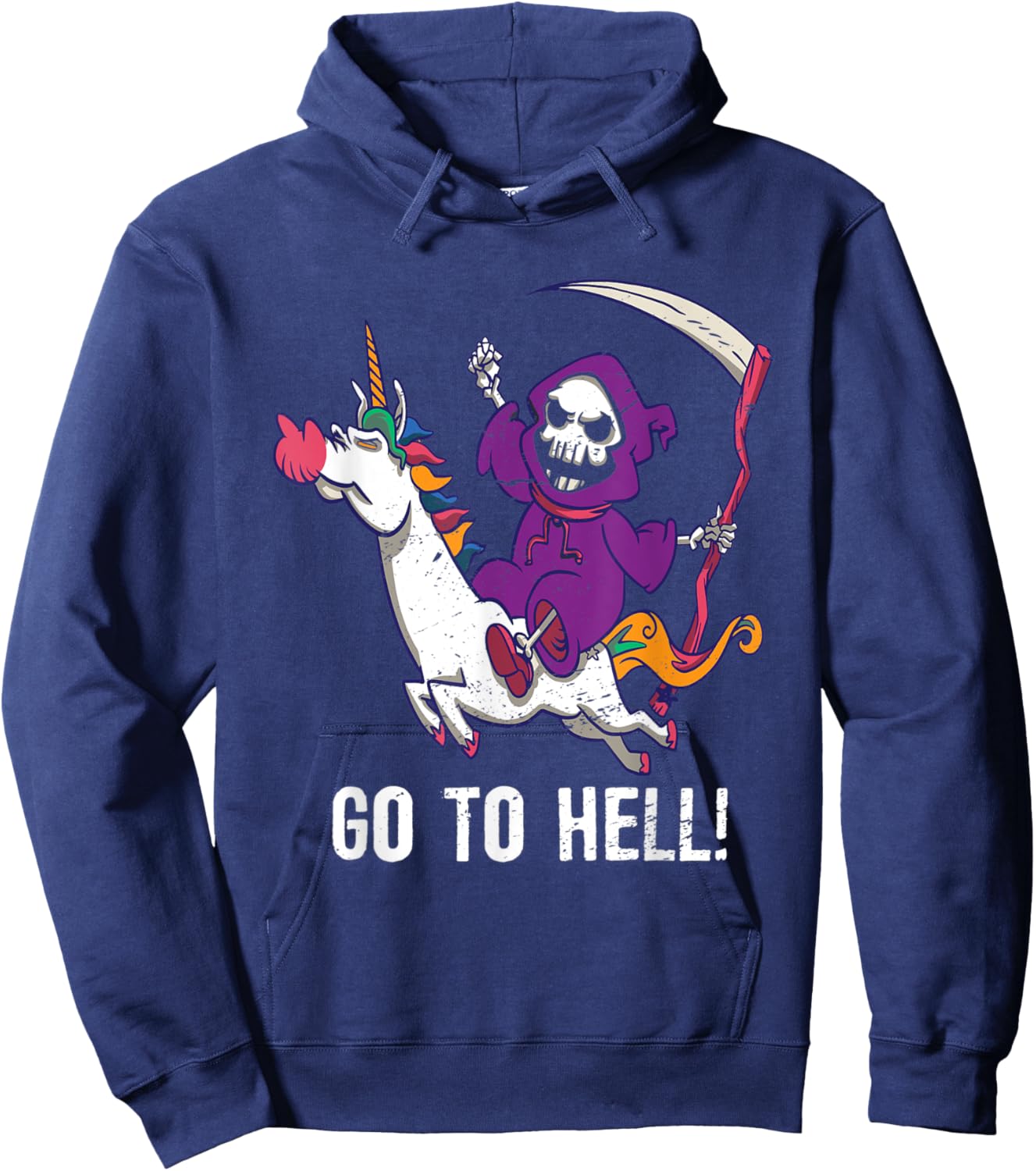 Go To Hell Spooky Grim Reaper Riding A Unicorn Skeleton Hoodie - Hoodie | Navy