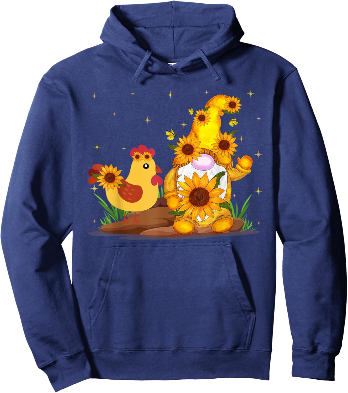 Cute Gnome And Chicken Sunflower Funny Gnome Chicken Farmer Hoodie - Hoodie | Navy