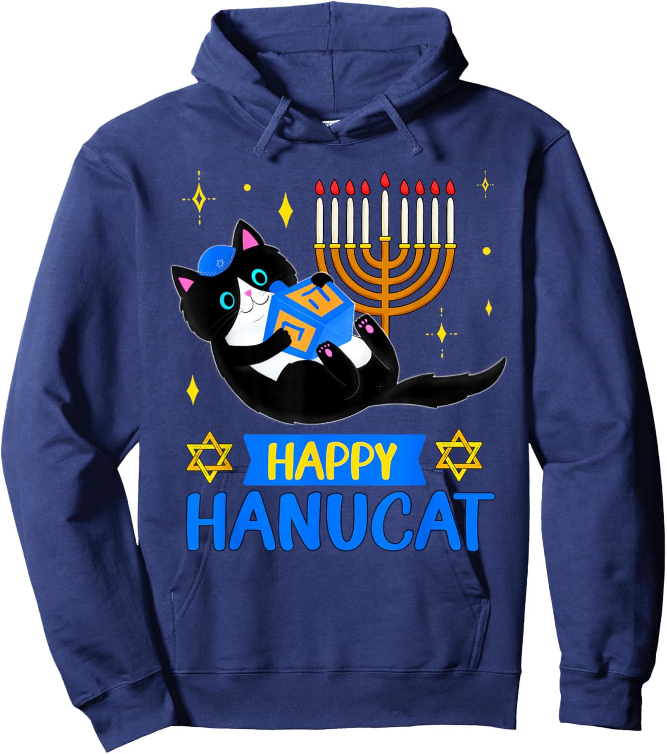 Happy HANUCAT for kids Funny HANUKKAH Cat Menorah for girls Hoodie - Hoodie | Navy