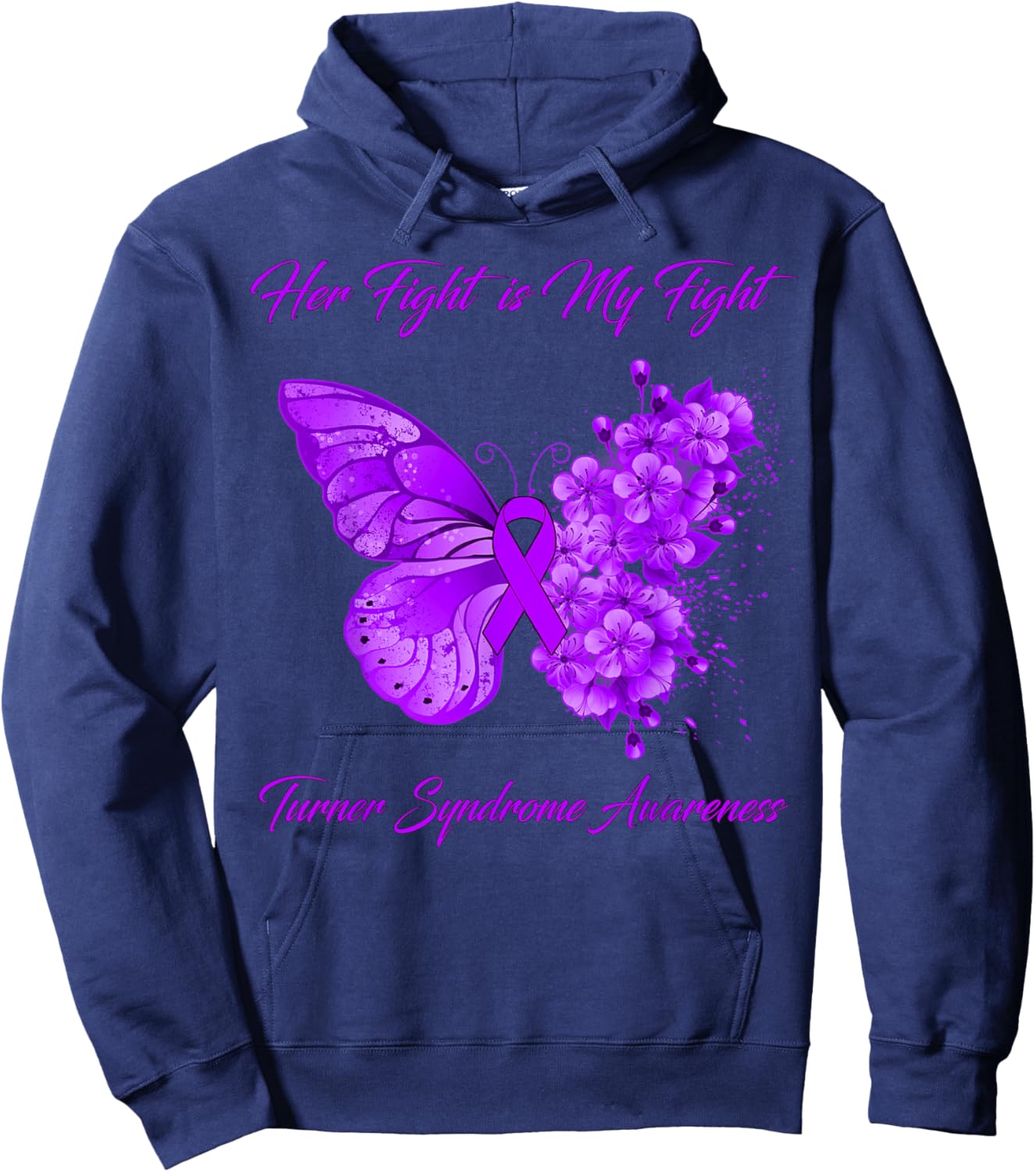 Turner Syndrome Awareness Butterfly Her Fight is My Fight - Black, , Short Sleeve, Classic Fit, Small Hoodie - Hoodie | Navy
