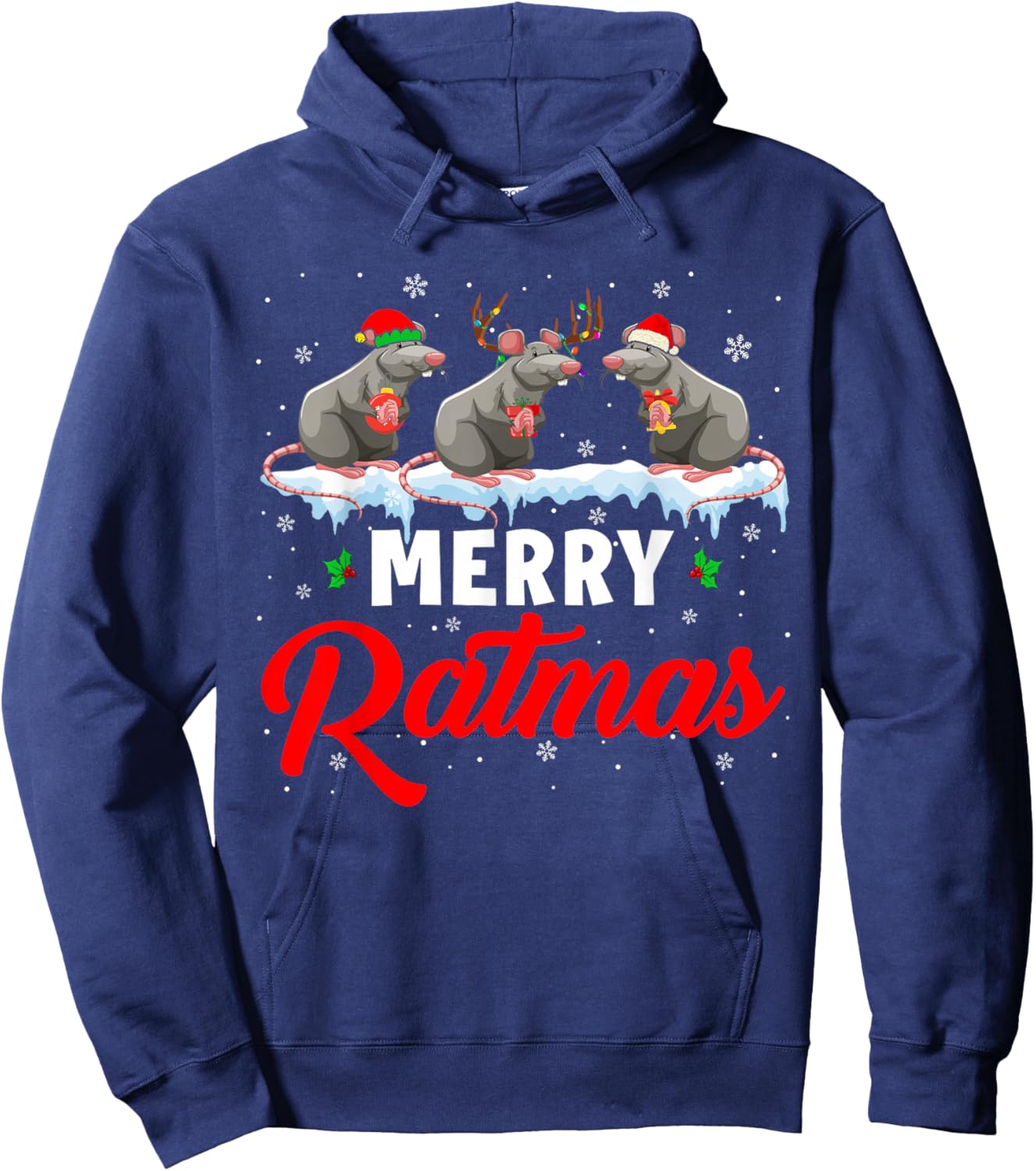 Merry Ratmas Funny Santa ELF Reindeer Rat Christmas Light Hoodie - Hoodie | Navy