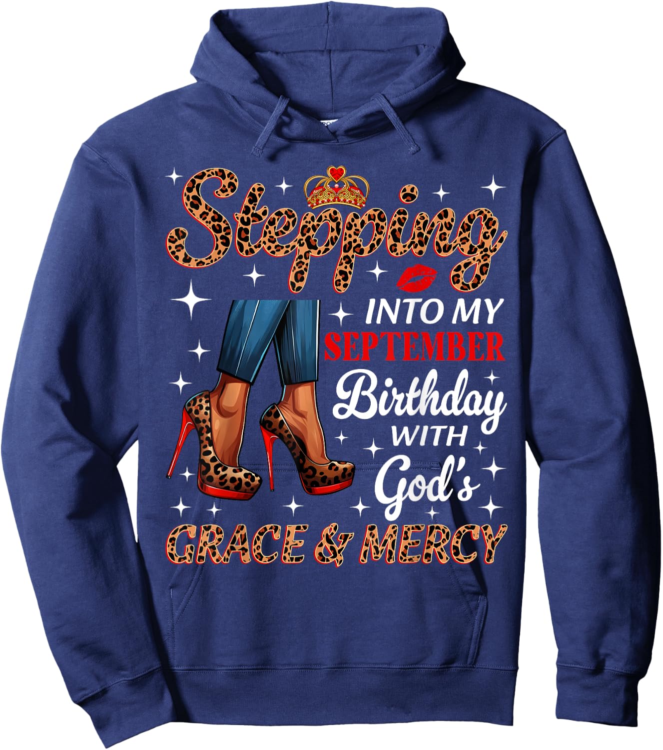 Stepping Into My September Birthday Afro Woman Leopard Heels Hoodie - Hoodie | Navy