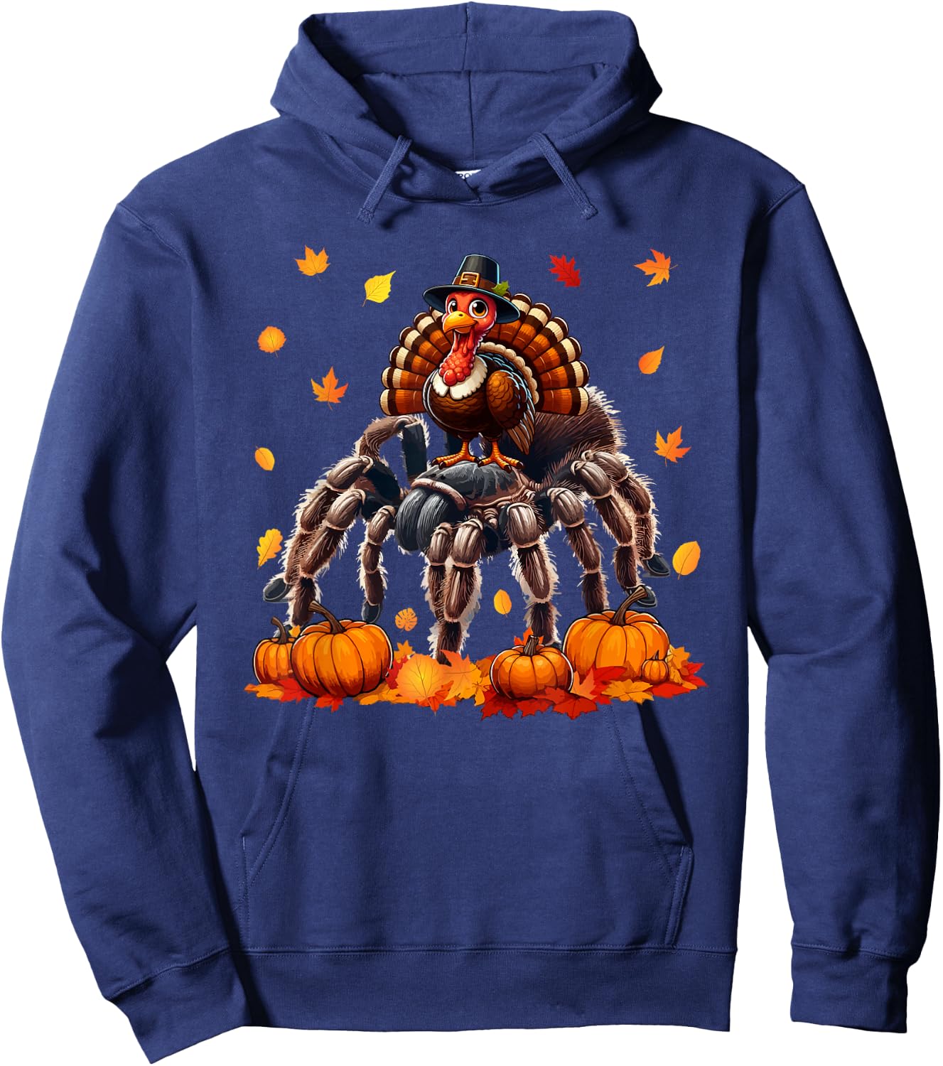 Turkey Riding Tarantula Thanksgiving Fall Leaves Pumpkins Hoodie - Hoodie | Navy
