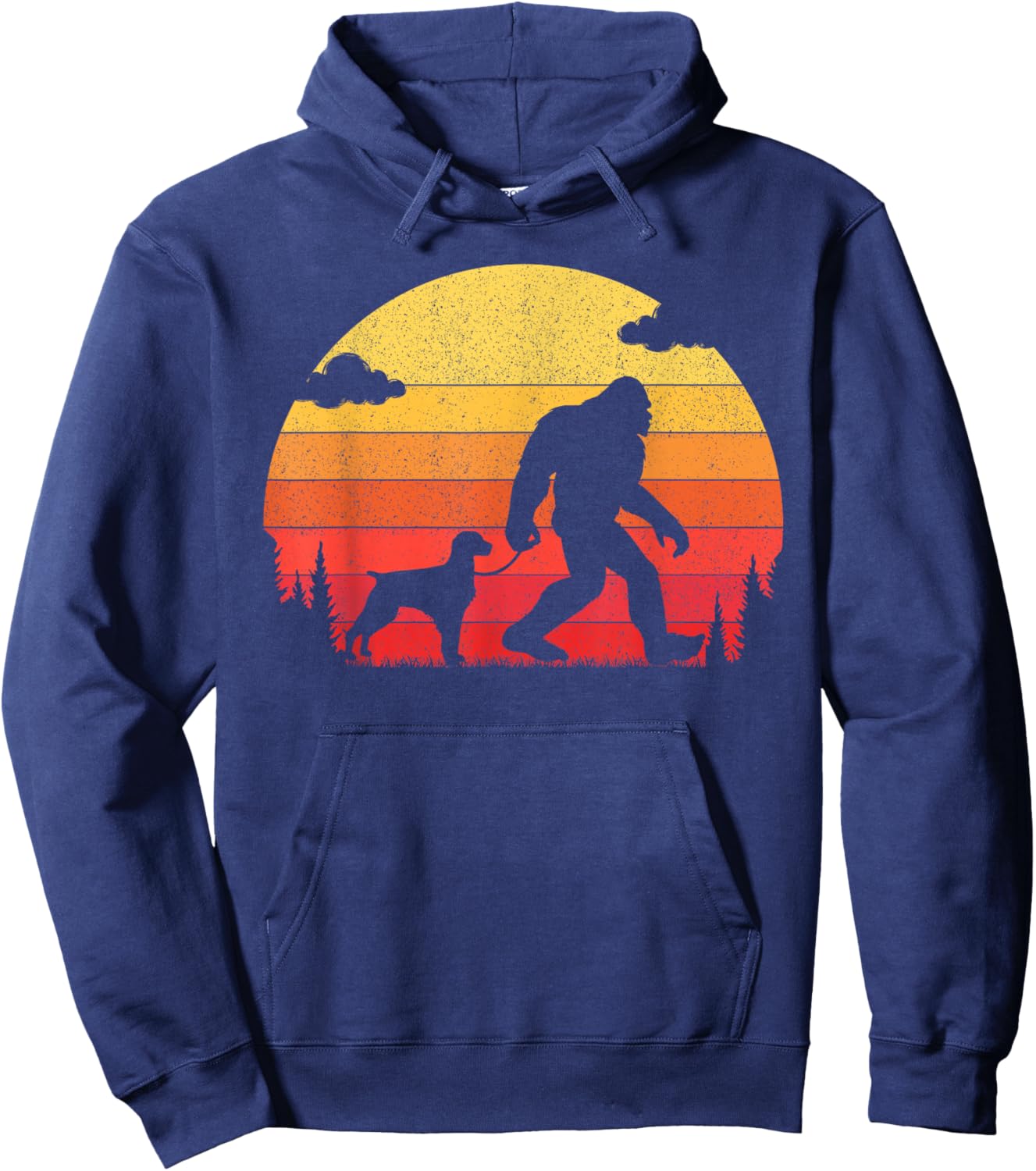 Retro Bigfoot Silhouette Walking Brittany Spaniel Dog Hoodie - Hoodie | Navy
