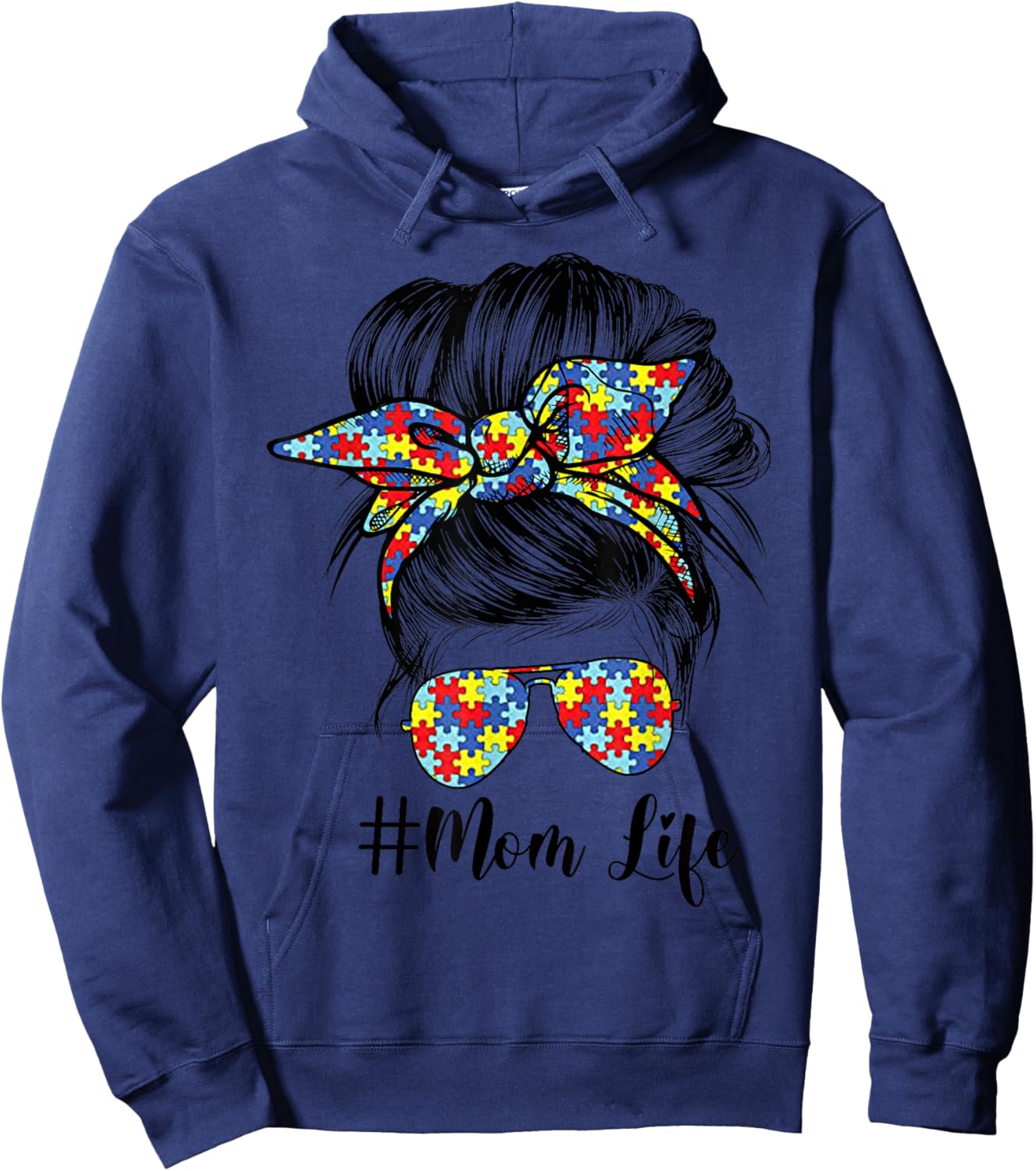 Mom Life Messy Bun Hair Bandana Glasses Autism Mother's Day Hoodie - Hoodie | Navy
