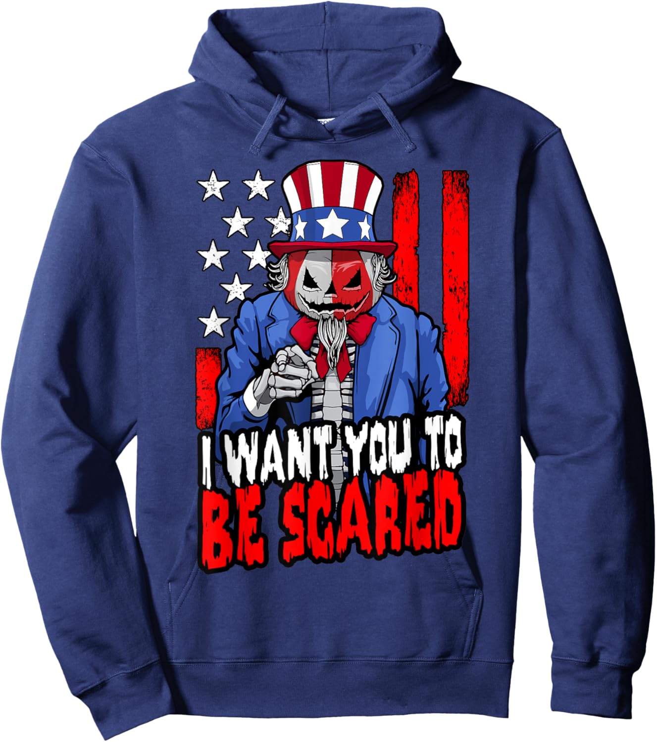 Patriotic Halloween Zombie Uncle Sam Pumpkin Scared USA Flag Hoodie - Hoodie | Navy
