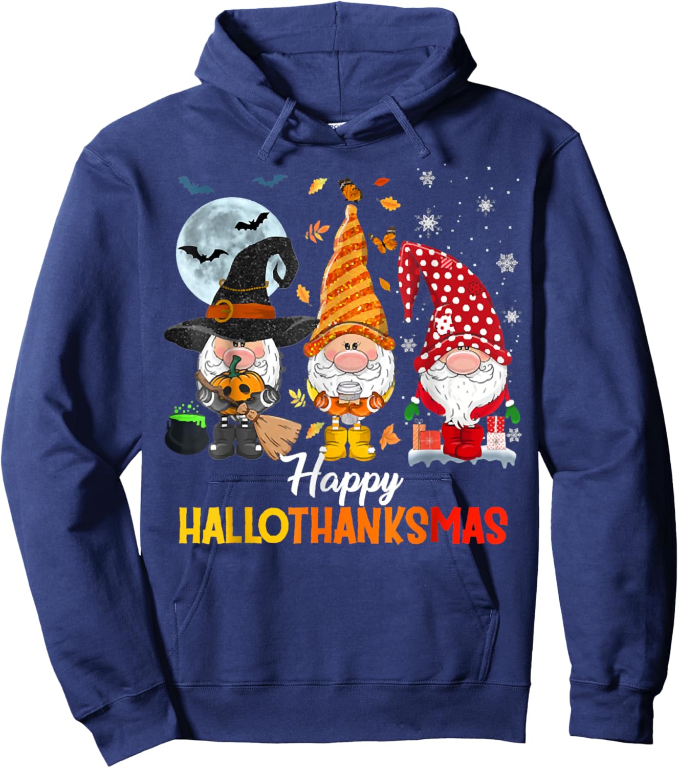 Gnomes Lover Halloween Merry Christmas Happy Hallothanksmas Hoodie - Hoodie | Navy