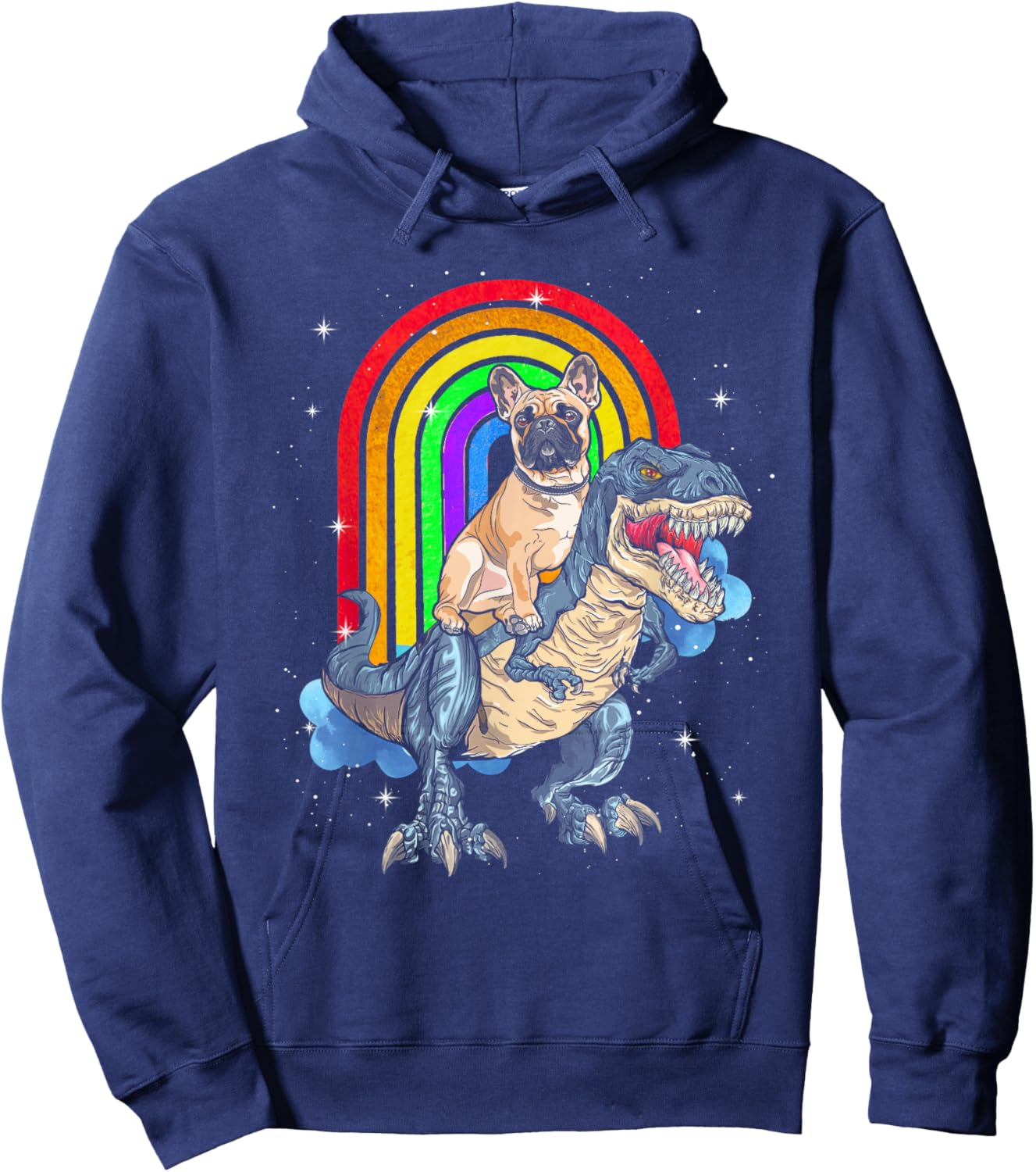 French Bulldog Riding Dinosaur T rex Rainbow Women Kids Hoodie - Hoodie | Navy