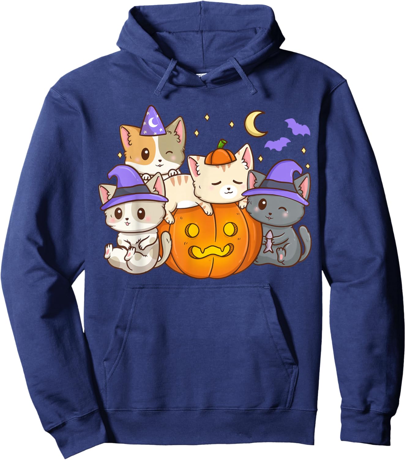 Halloween Cats Anime Cat Kawaii Neko Pumpkin Cat Lover Witch Hoodie - Hoodie | Navy