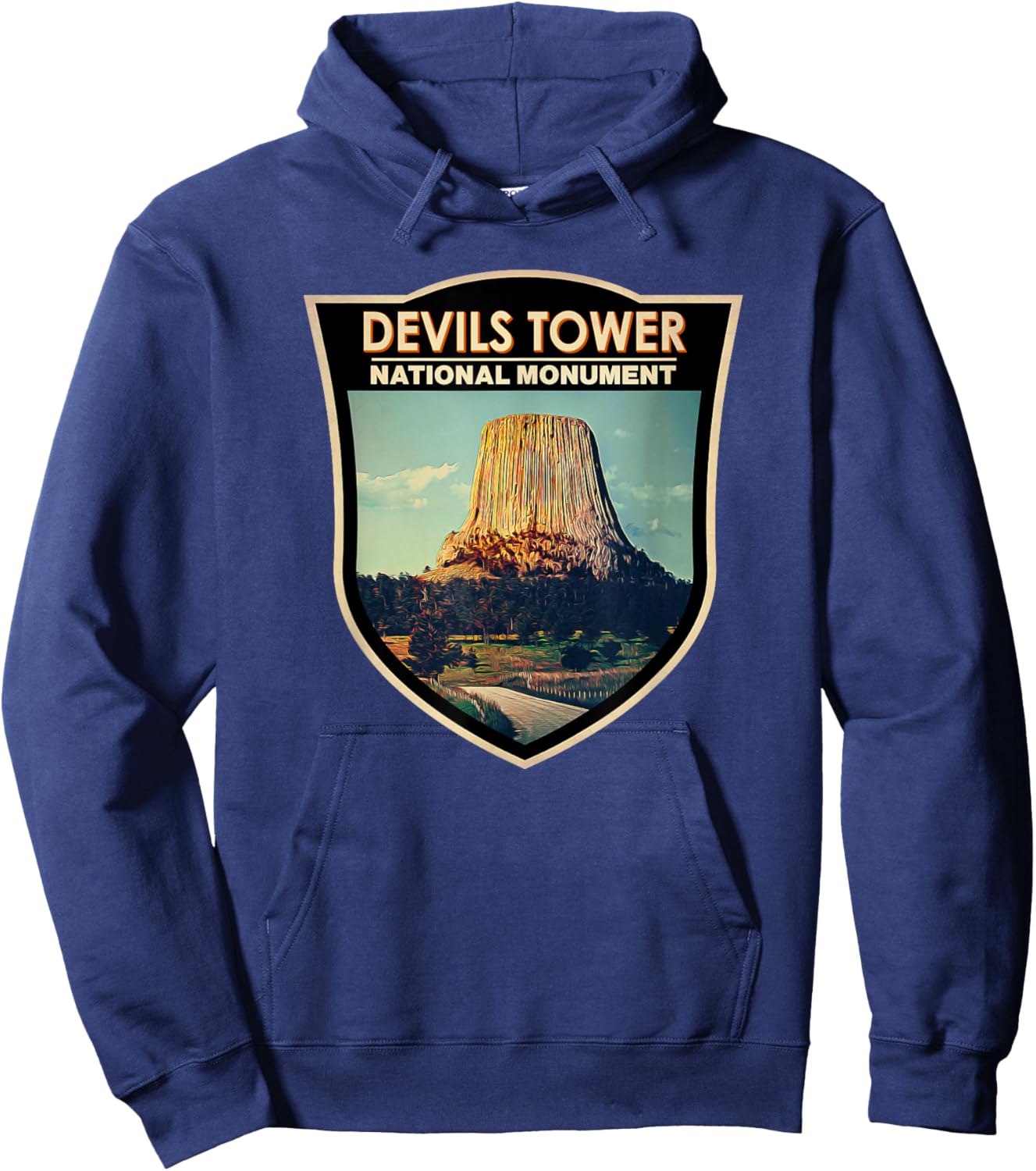 Devils Tower National Monument Wyoming Watercolor Badge Hoodie - Hoodie | Navy