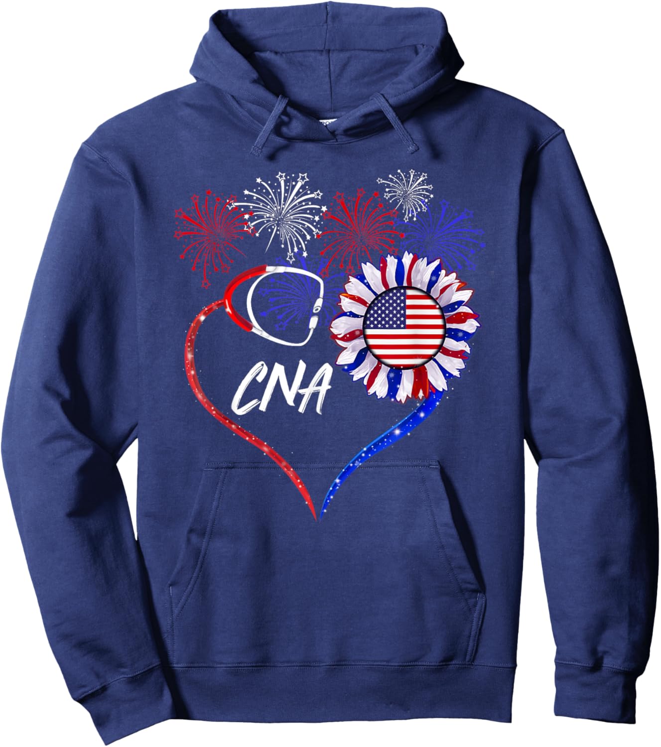 Patriotic Nurse CNA 4th Of July American Flag Sunflower Love Women Men Hoodie - Hoodie | Navy