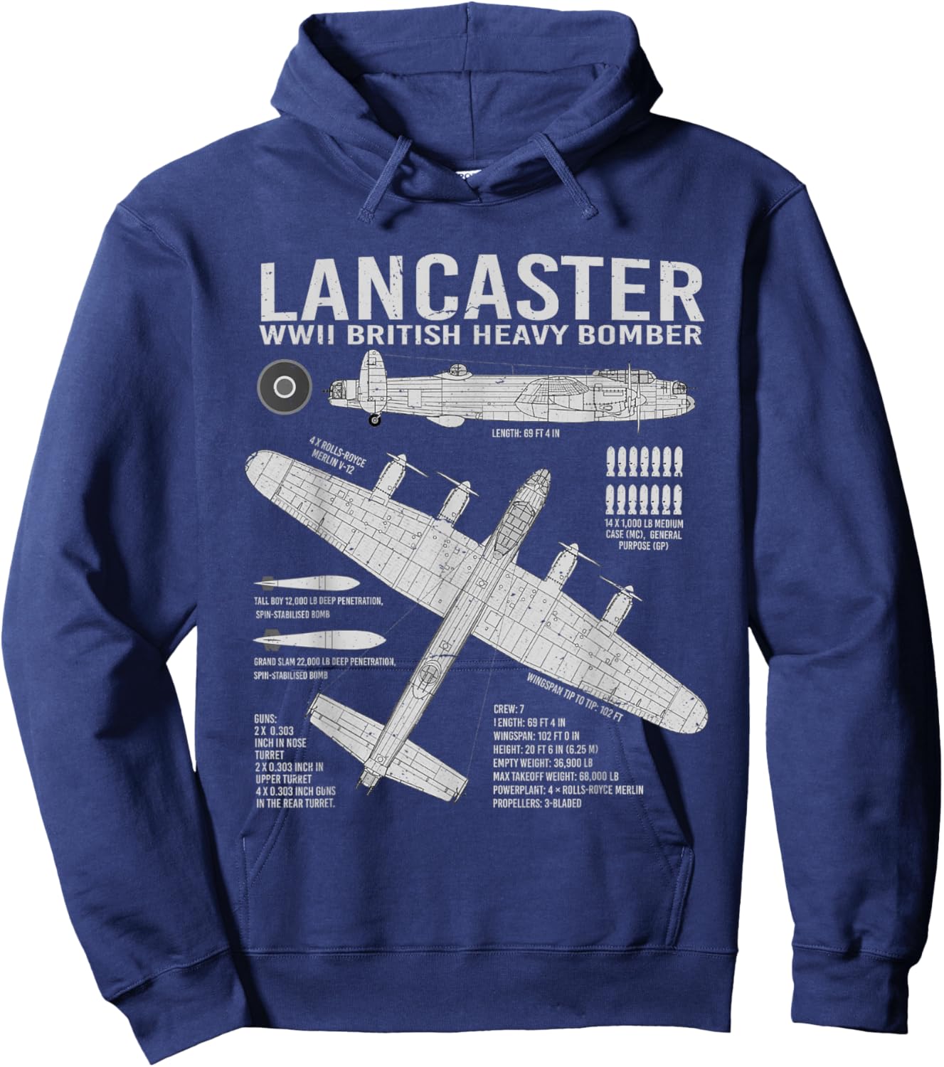 RAF Lancaster Bomber British Aircraft War Tarpaulin Blue Print Hoodie - Hoodie | Navy