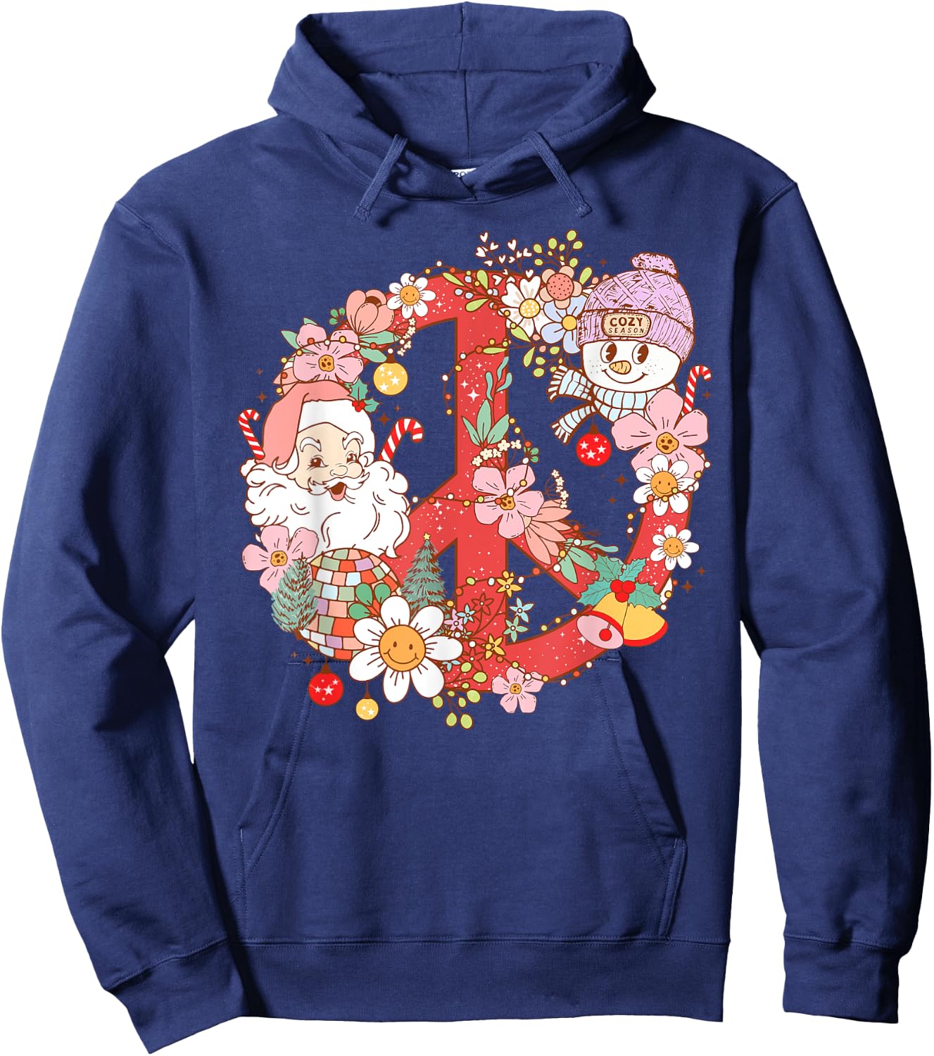Retro Groovy Merry Christmas Hippie Santa Claus Peace Sign Hoodie - Hoodie | Navy