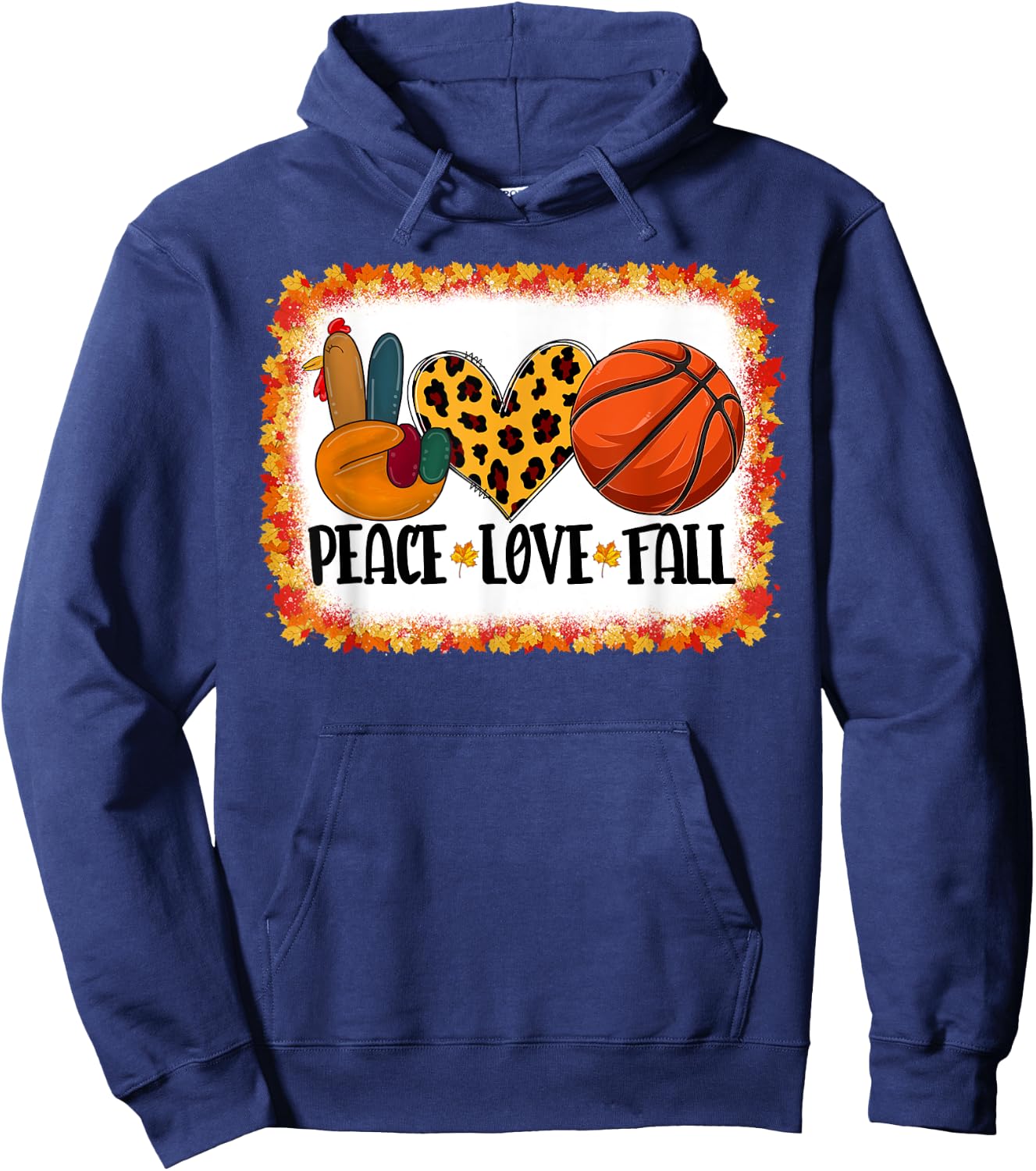 Peace Love Fall Turkey & Basketball Ball Thanksgiving Day Hoodie - Hoodie | Navy