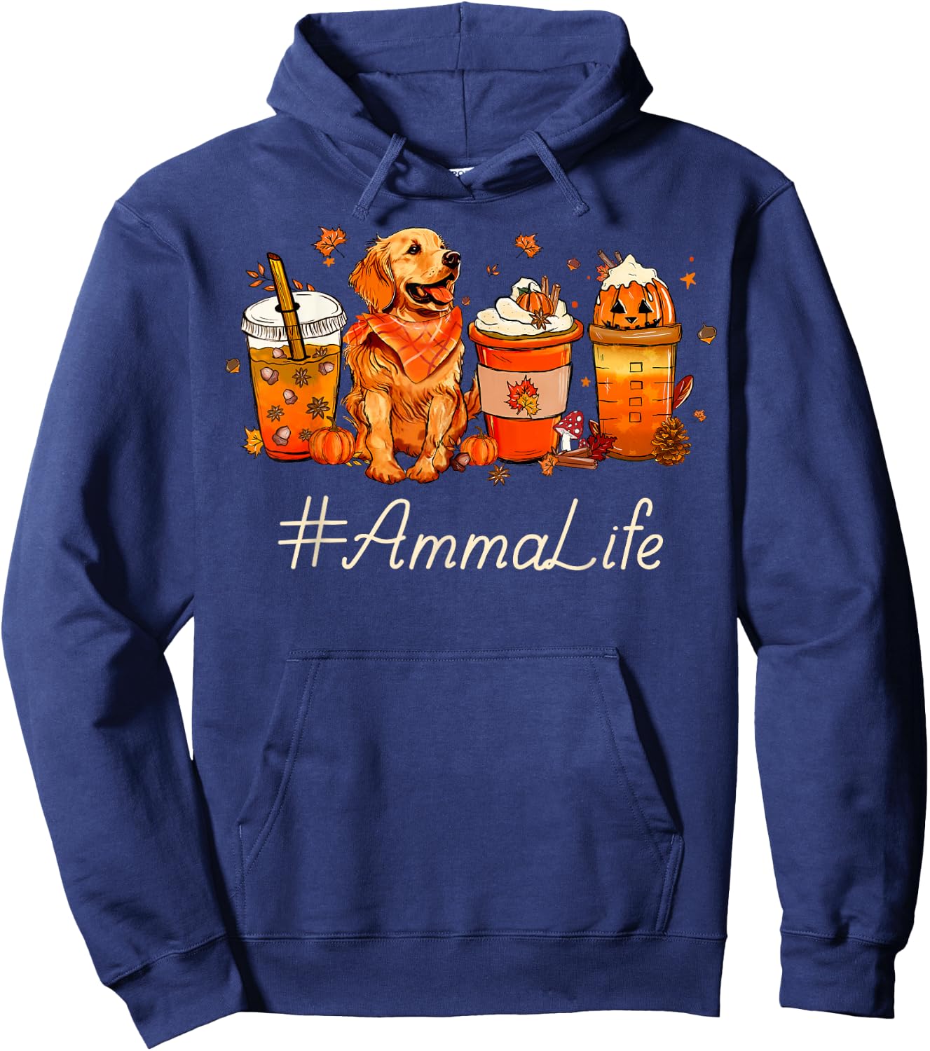 Amma Life Fall Coffee Thanksgiving Pumpkin Autumn Dog Lover Hoodie - Hoodie | Navy