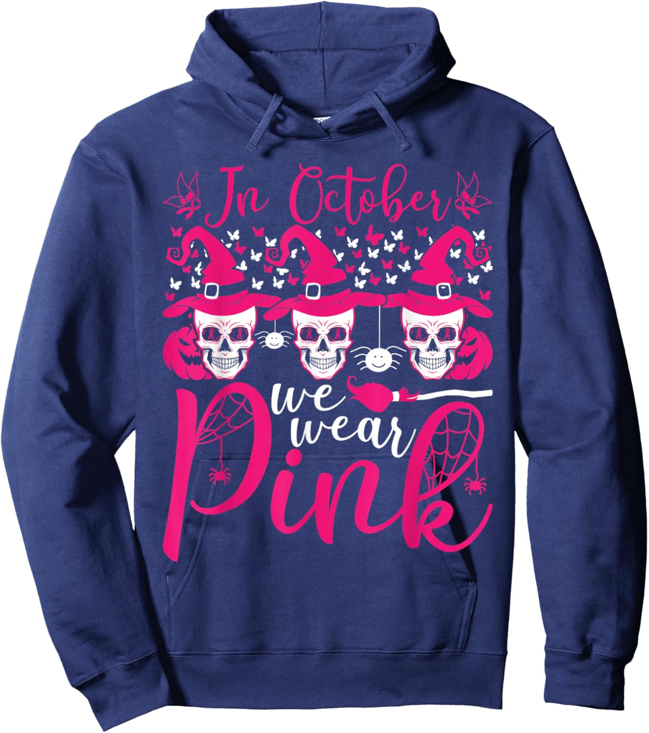 in October We Wear Pink Sugar Skull Breast Cancer Halloween Hoodie - Hoodie | Navy