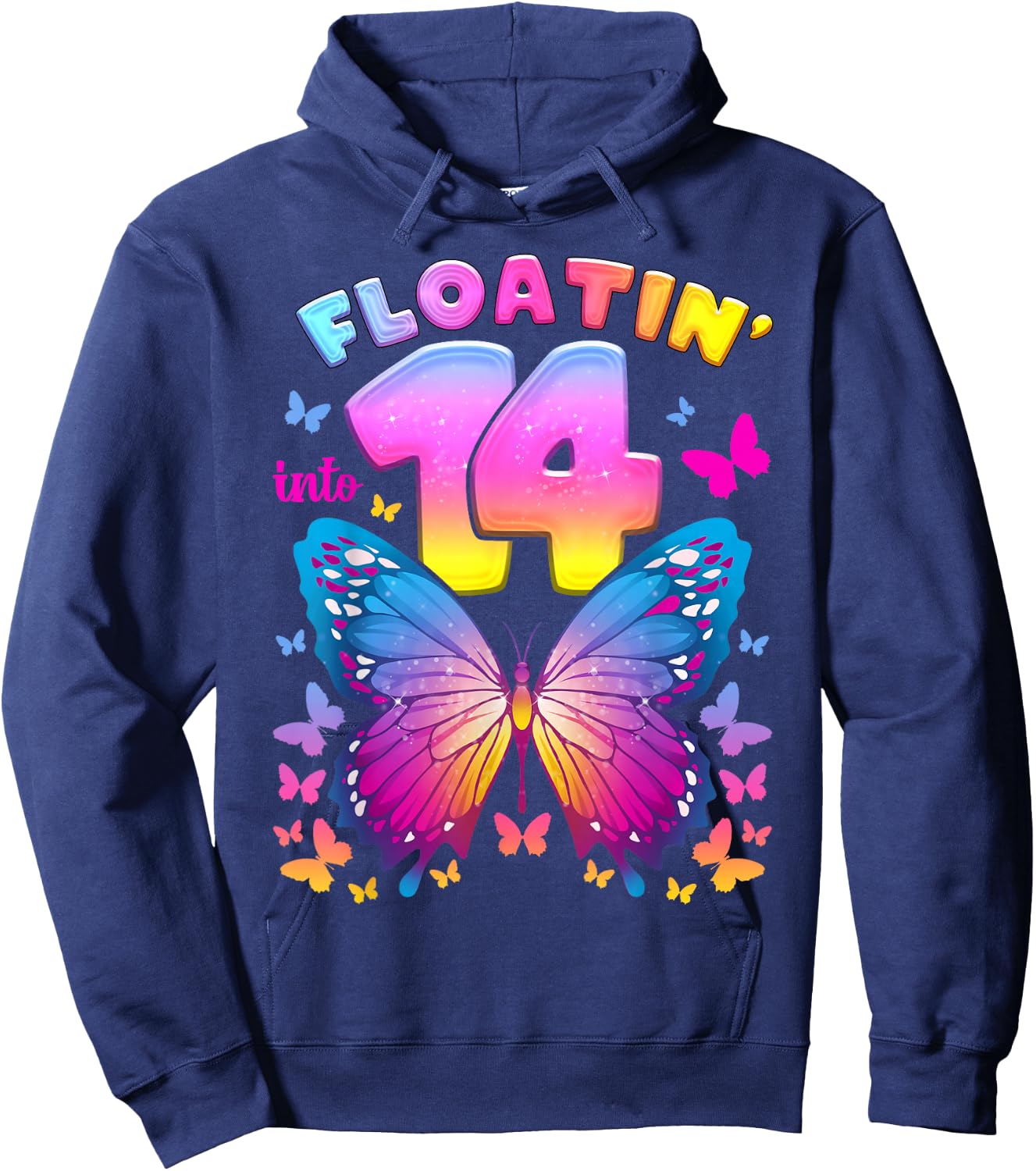 14th Birthday Girl 14 Years Butterfly Number 14 Hoodie - Hoodie | Navy