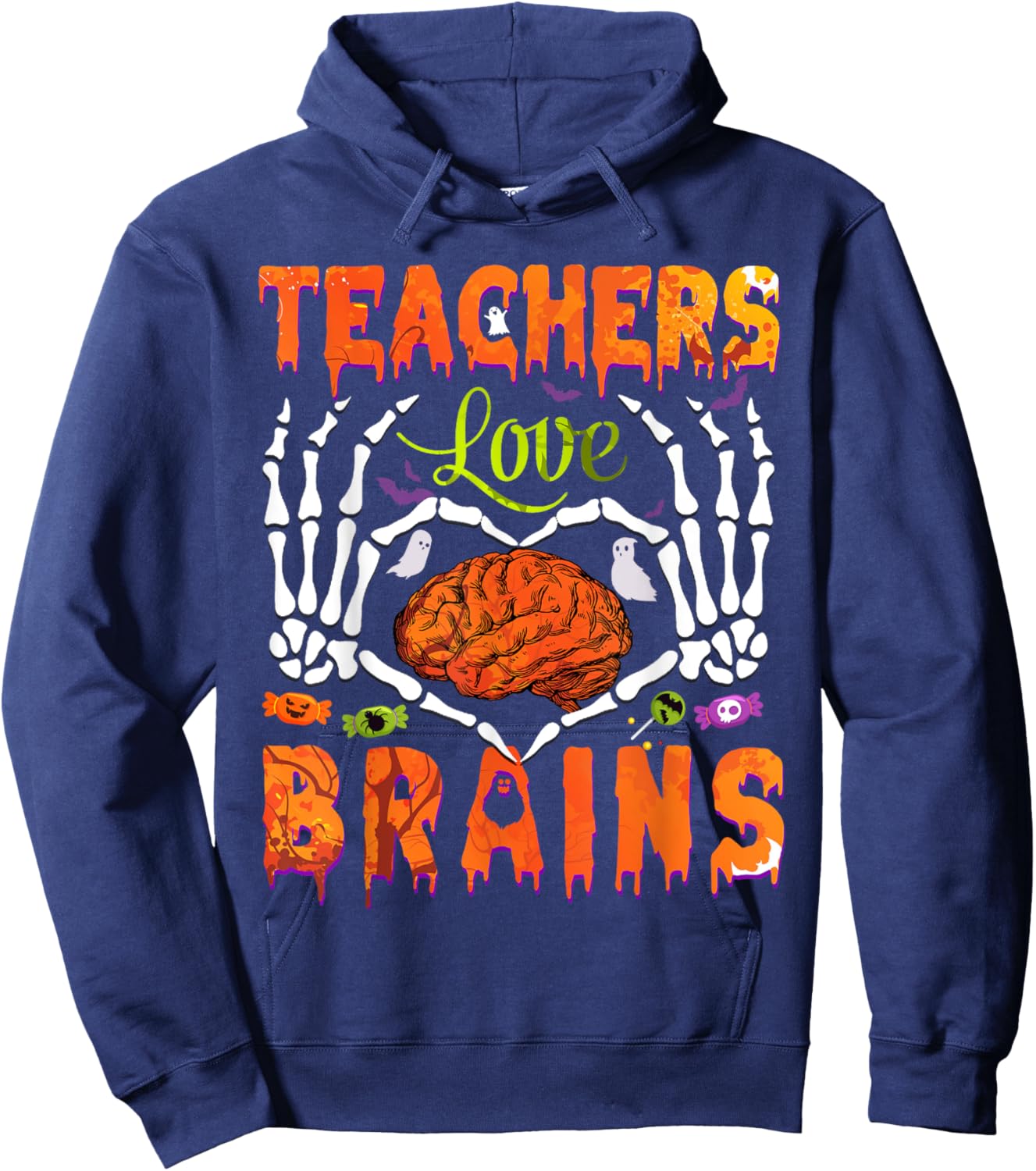 Halloween Heart Skeleton Teachers Love Brains Men Women Kids Hoodie - Hoodie | Navy