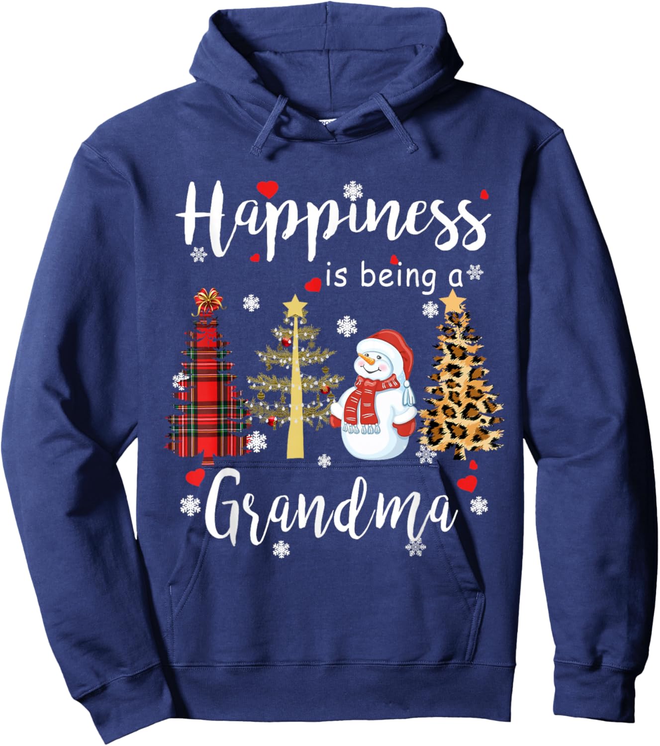 Happiness is being a Grandma Christmas Plaid Tree Snowman Hoodie - Hoodie | Navy