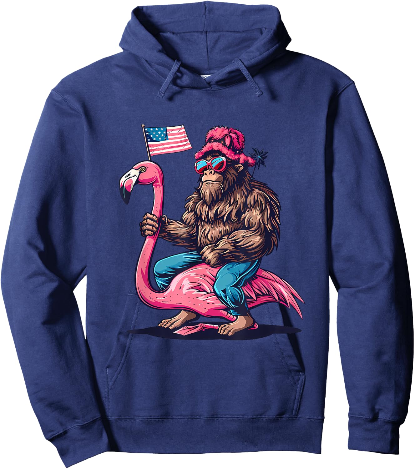 4th Of July Funny Bigfoot Flamingo American Flag USA Hoodie - Hoodie | Navy