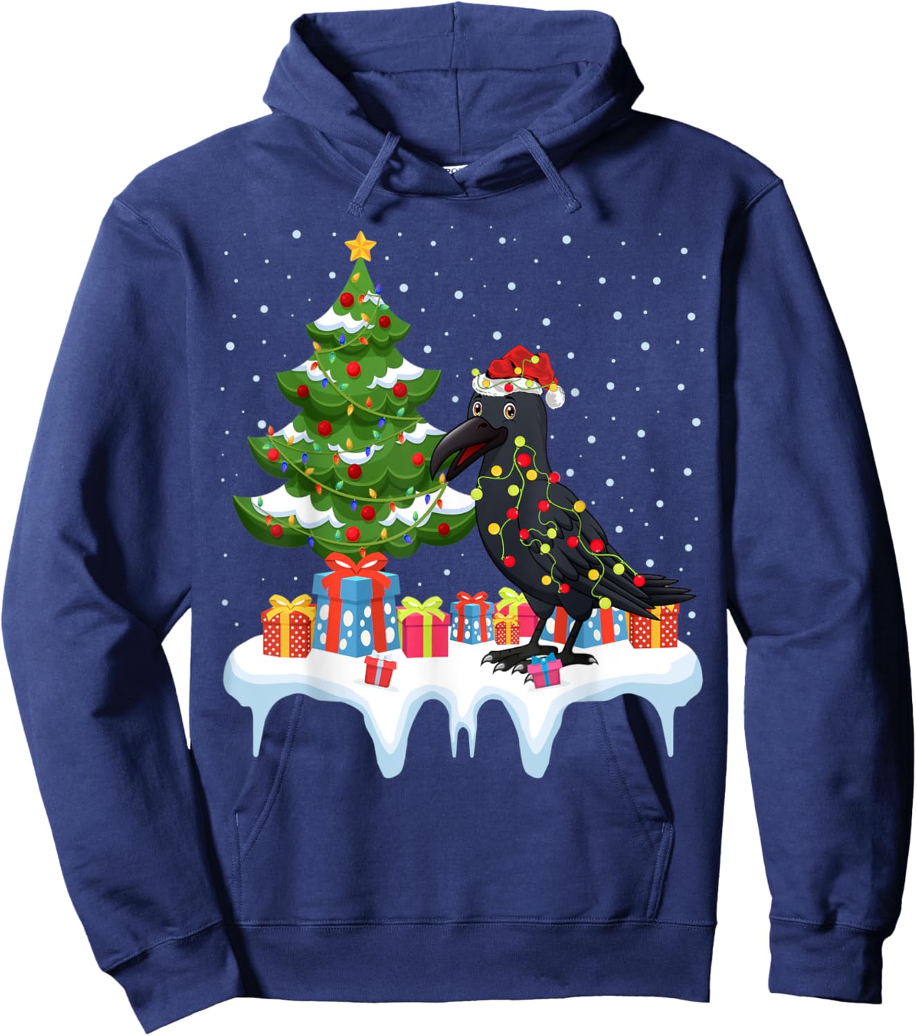 Xmas Lighting Tree Santa Hat Raven Christmas Hoodie - Hoodie | Navy