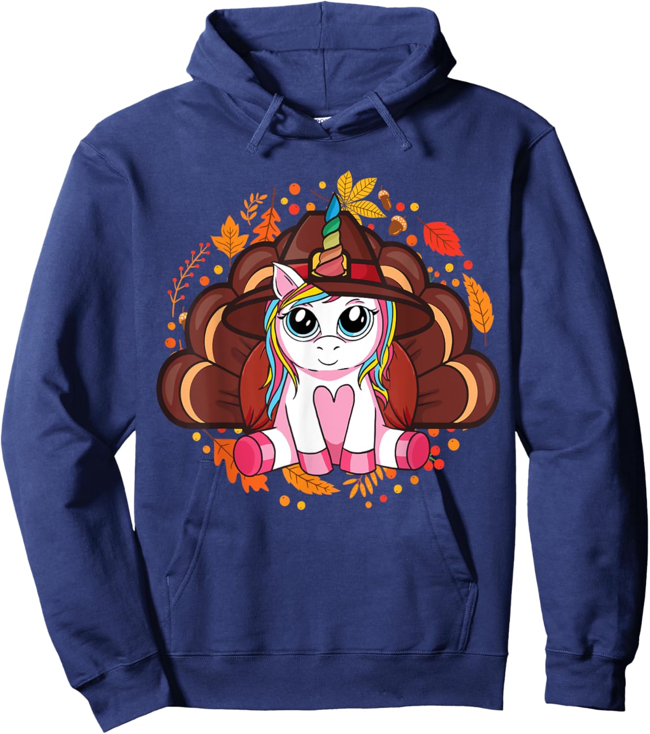 Cute Thanksgiving Girls Kids Toddler Turkey Unicorn Hoodie - Hoodie | Navy