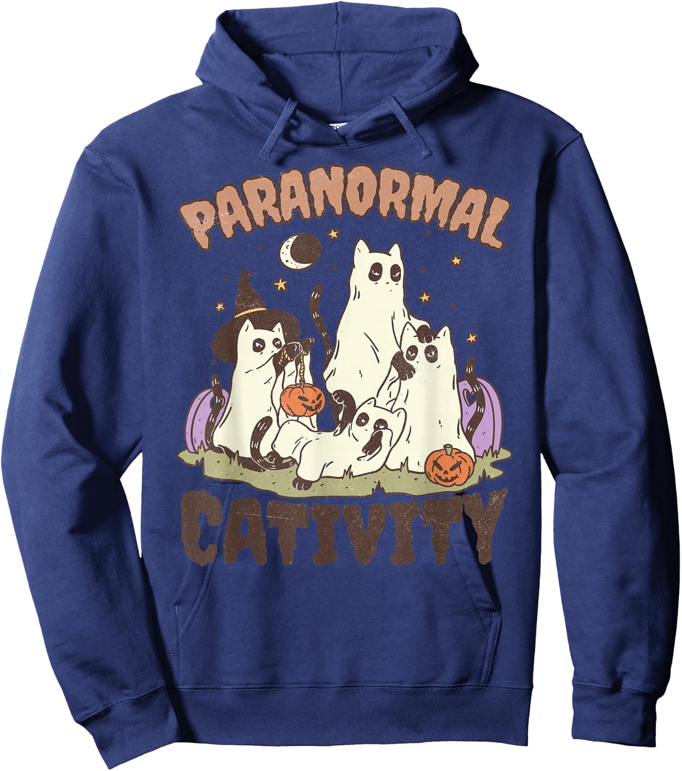 Paranormal Cativity, Cute Retro Halloween Black cat Ghost Hoodie - Hoodie | Navy