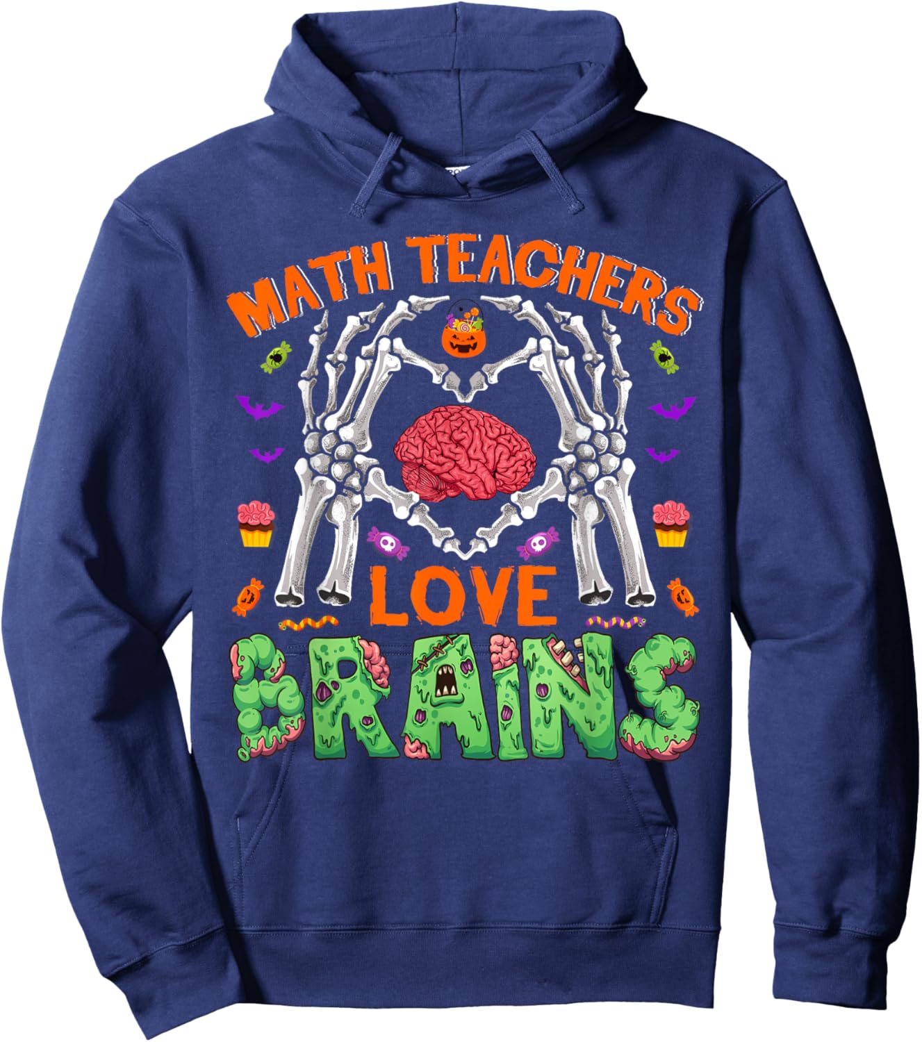 Math Teacher Love Brain Heart Skeleton Hand Zombie Halloween Hoodie - Hoodie | Navy