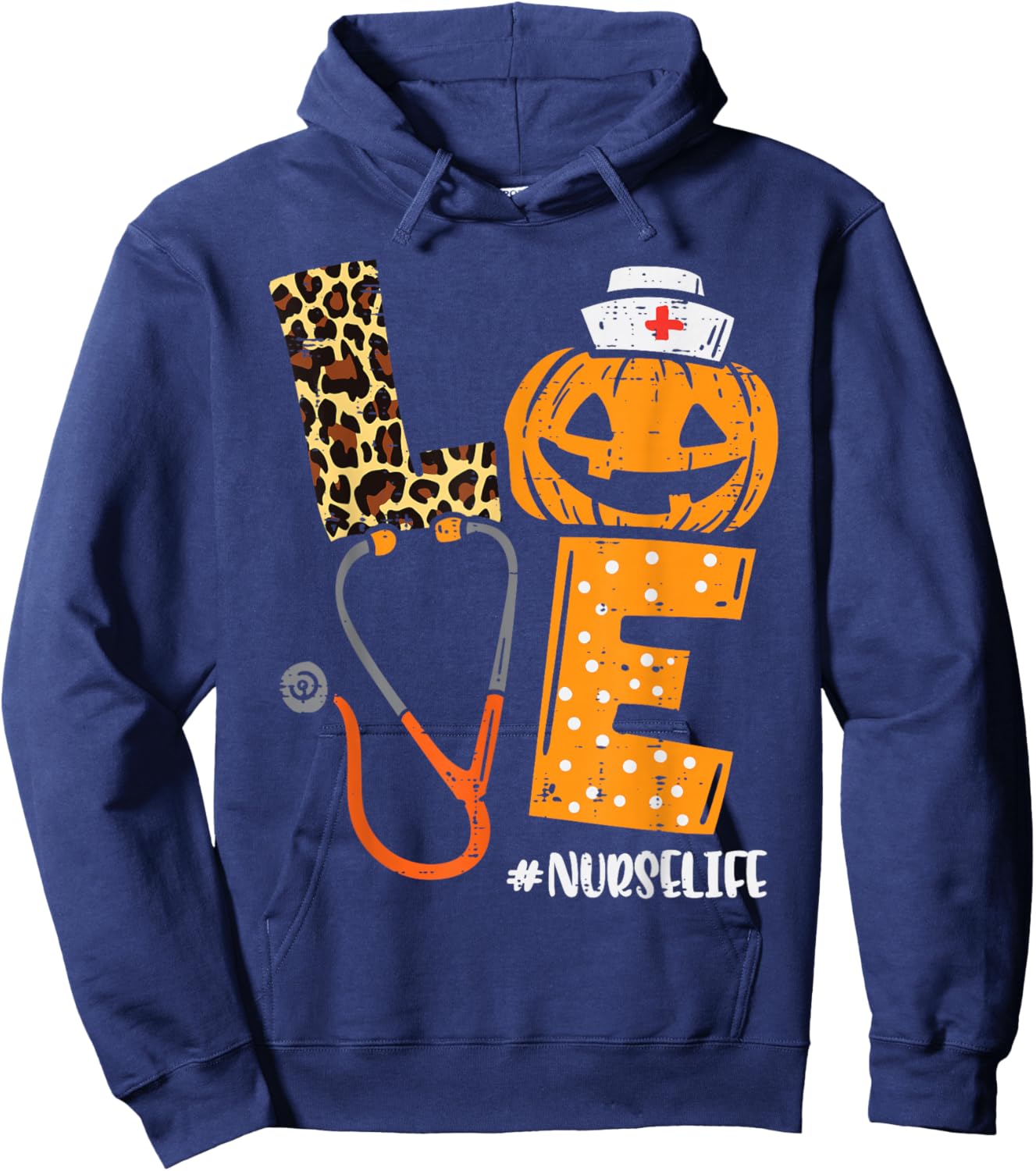 Love Nurse Pumpkin Leopard Fall Halloween Thanksgiving Women Hoodie - Hoodie | Navy