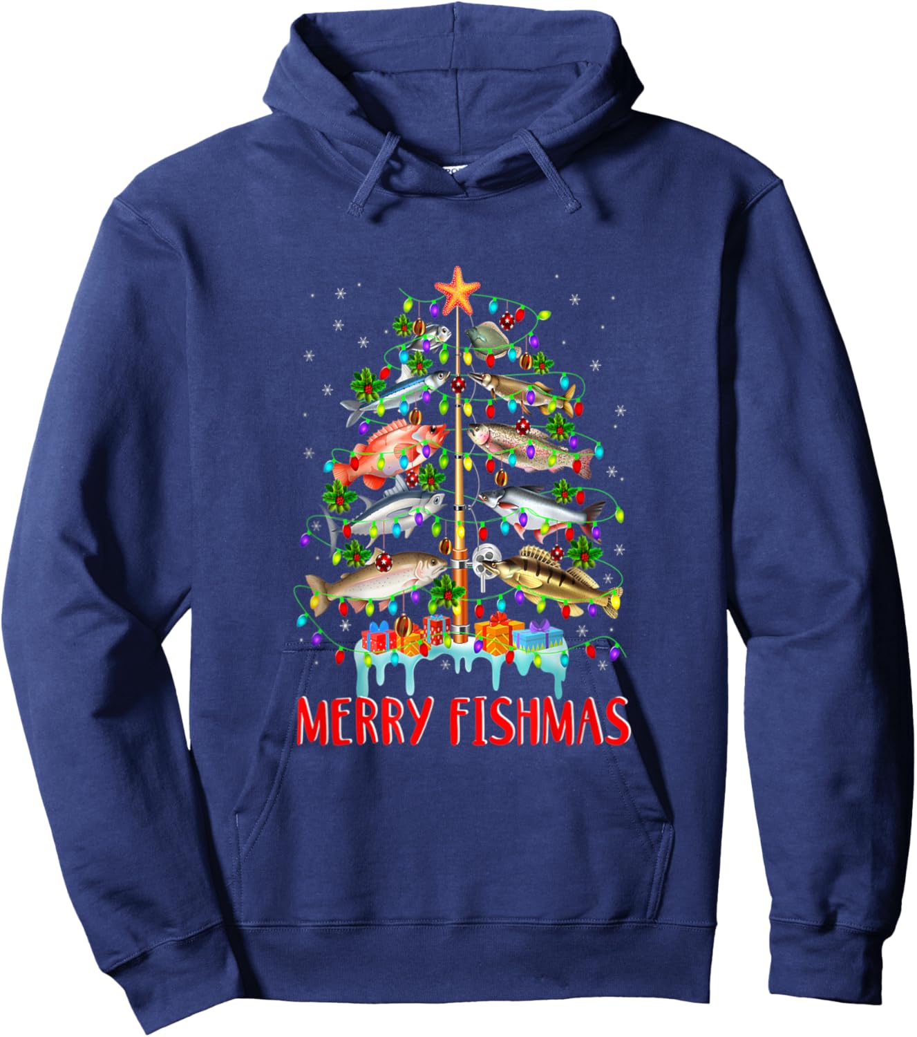 Merry Fishmas Funny Christmas Tree Lights Fish Fishing Rod Hoodie - Hoodie | Navy