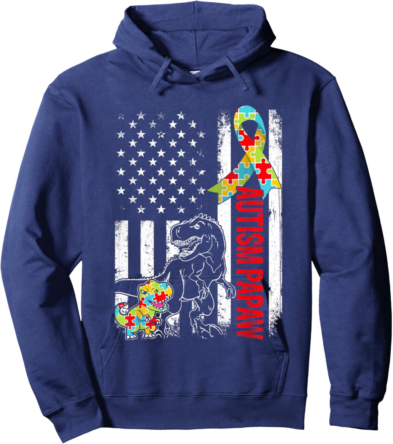 American Flag Autism Papaw Dinosaur Awareness Autistic Women Kids Men Hoodie - Hoodie | Navy