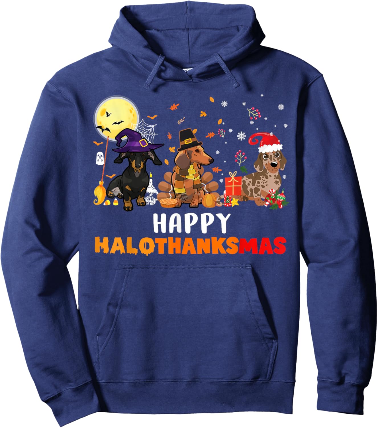 Happy Hallothanksmas Dachshund Dog Lover Halloween Christmas Hoodie - Hoodie | Navy