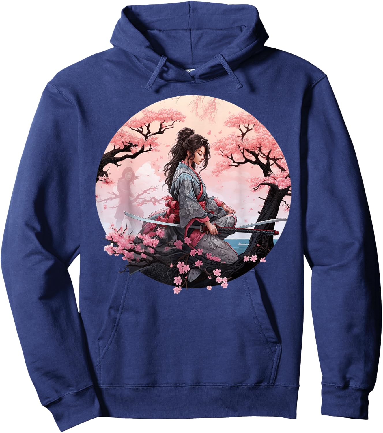 Japanese Samurai Girl Vintage Retro Sakura Cherry Blossom Hoodie - Hoodie | Navy