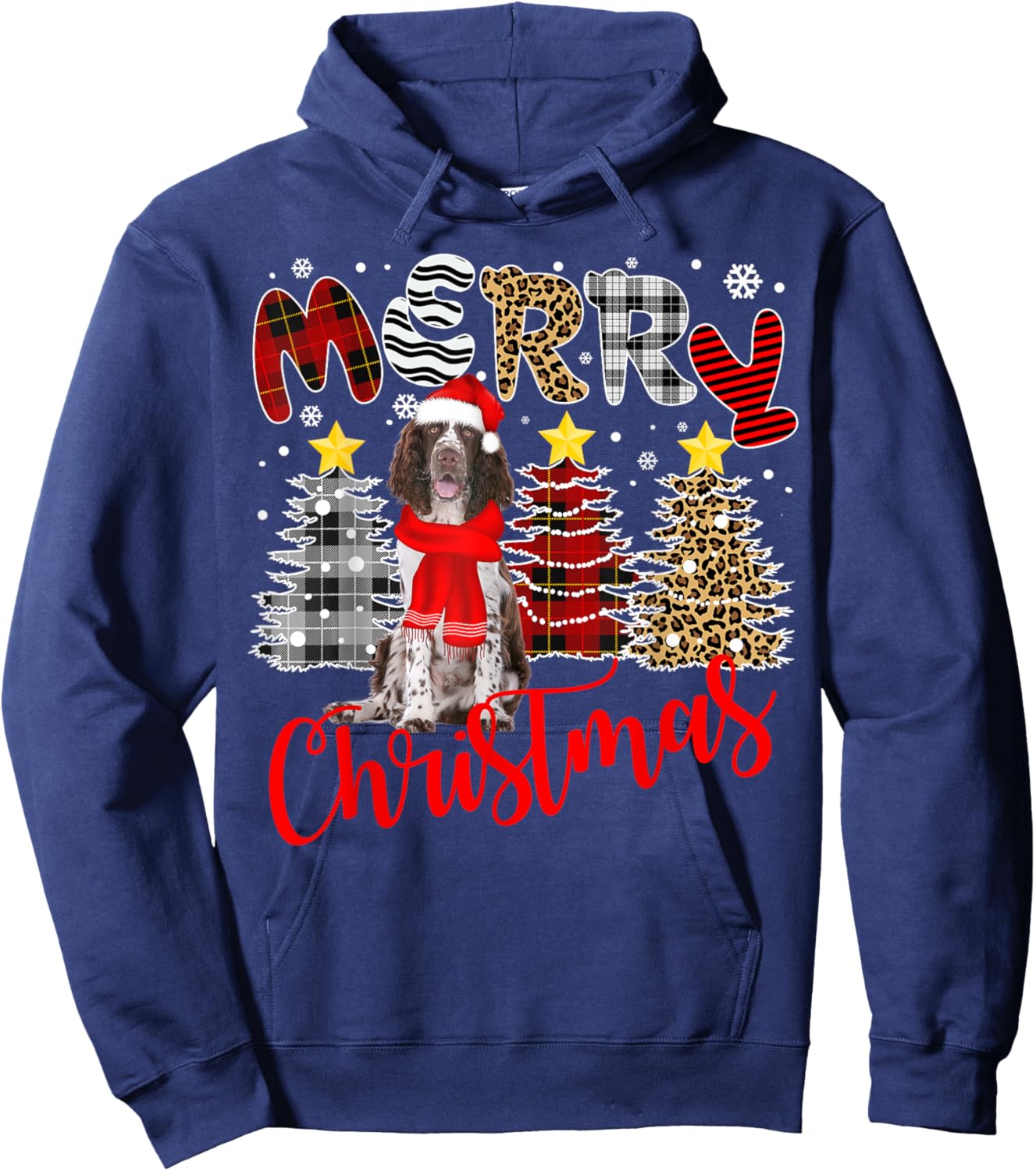 English Springer Spaniel Christmas Tree Leopard Plaid Print Hoodie - Hoodie | Navy